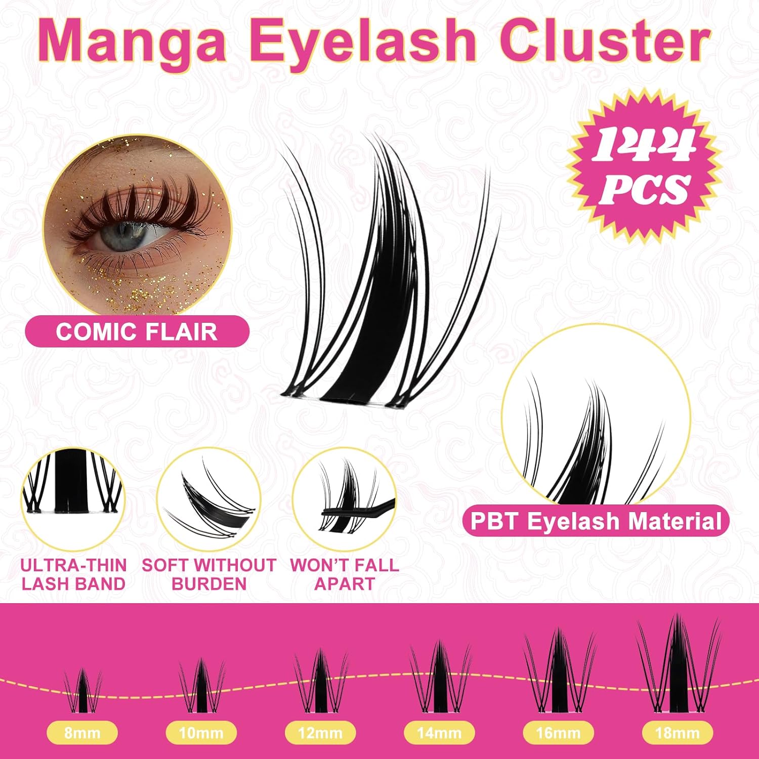 Fowendia Lash Clusters Kit Wanna Be 8-18mm Fairy Manga Eyelash Clusters DIY Lash Extension Kit Waterproof Wispy Anime Lashes Clusters Invisible Band 0.3mm Individual Cluster Eyelash Extensions Kit
