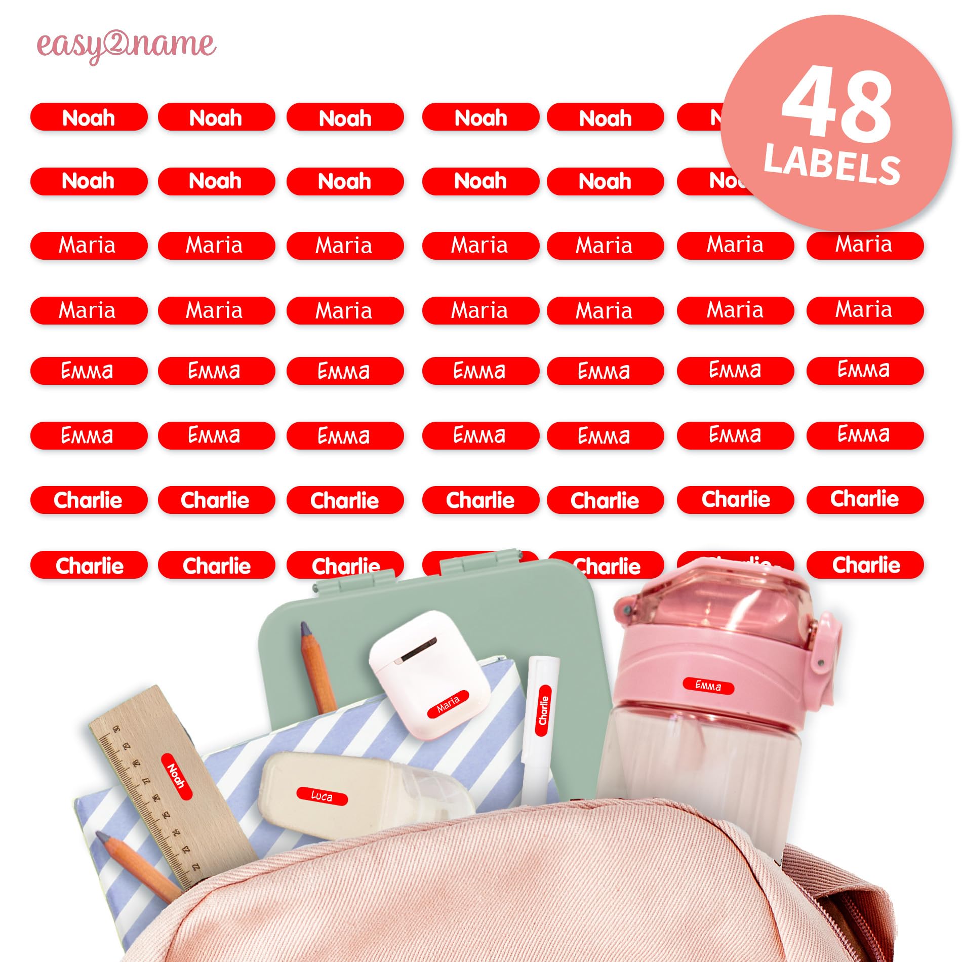 Easy2Name - Personalised mini XS Name Labels - Waterproof Name Stickers for Children and Adults - Ideal as Name Stickers in The Office, Workshop or School - 20x4mm - Coloured (Red, 48)