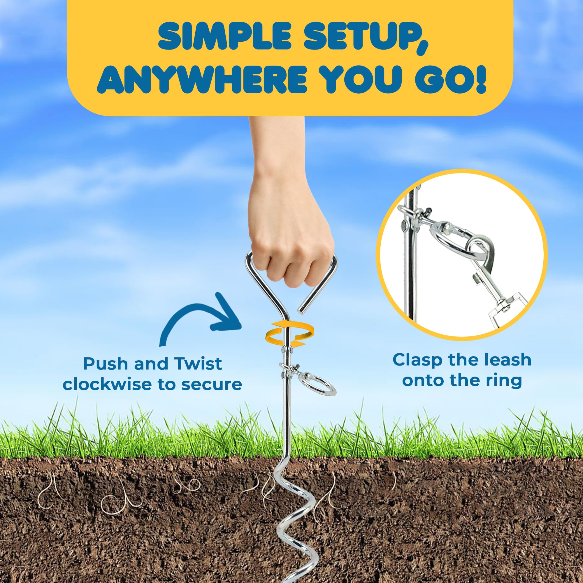 SunGrow Galvanisé Tie Out Leash Stake Anneau Rotatif à 360 degrés, 16,4 x 3,2 Pouces, Conception de Foret en Spirale, Facile à Utiliser et Pratique pour Sortir, Convient aux Chiens jusqu'à 80 Livres