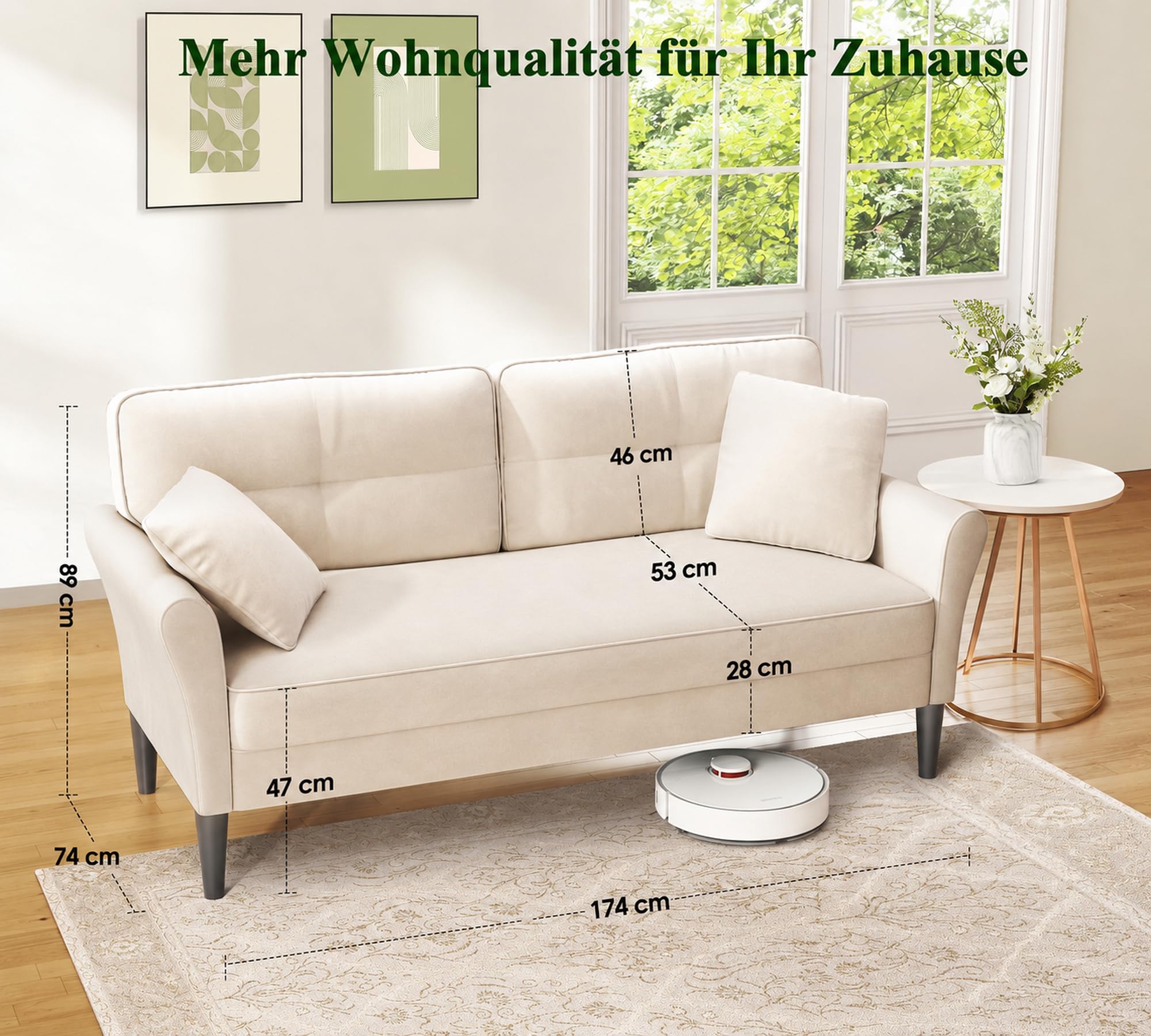 Kidirect Sofa 3 Sitzer, 174cm Großes 2er Sofa Couch, 3 Sitzer Sofa Beige