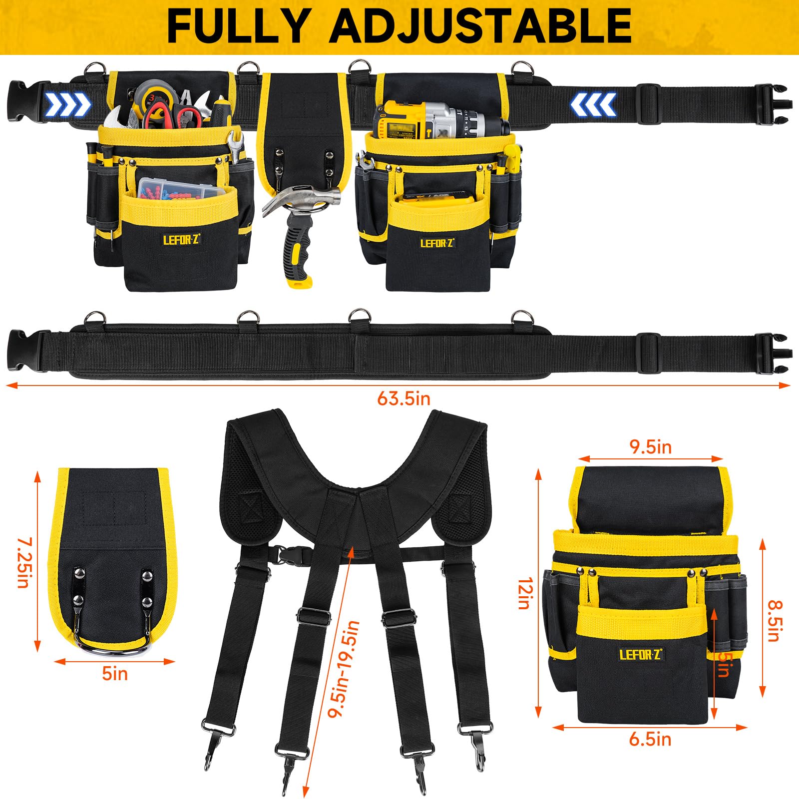 Ceinture à outils avec bretelles, 27 poches, ceinture à outils robuste pour homme avec pochette à outils magnétique, sac de ceinture de travail amovible et réglable pour électricien, charpentier