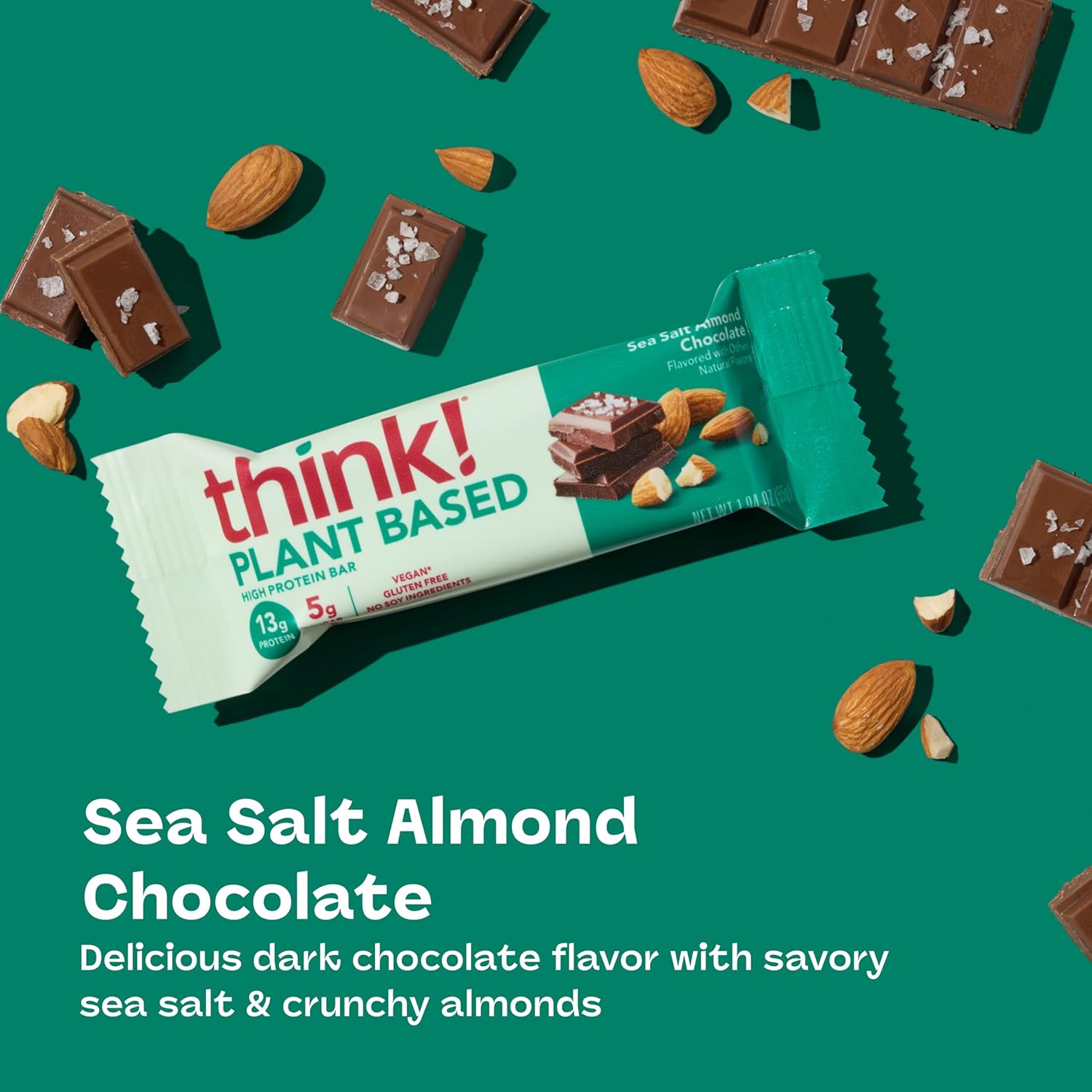 think! Vegan/Plant Based High Protein Bars - Sea Salt Almond Chocolate, 13g Protein, 5g Sugar, No Artificial Sweeteners, Non GMO Project Verified, 10 Count (Packaging May Vary)