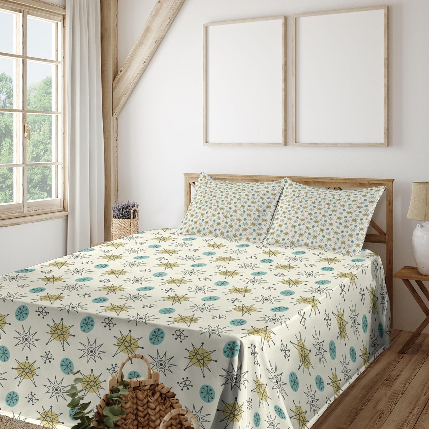 Ambesonne Abstract Sheet Set, Mid Century Modern Stars Doodle Sky Cosmos Atoms Existence Hip Universe, Fitted and Flat Sheet with Pillowcases Bedding Accent 4 Piece Set, Full, Khaki Turquoise Ivory