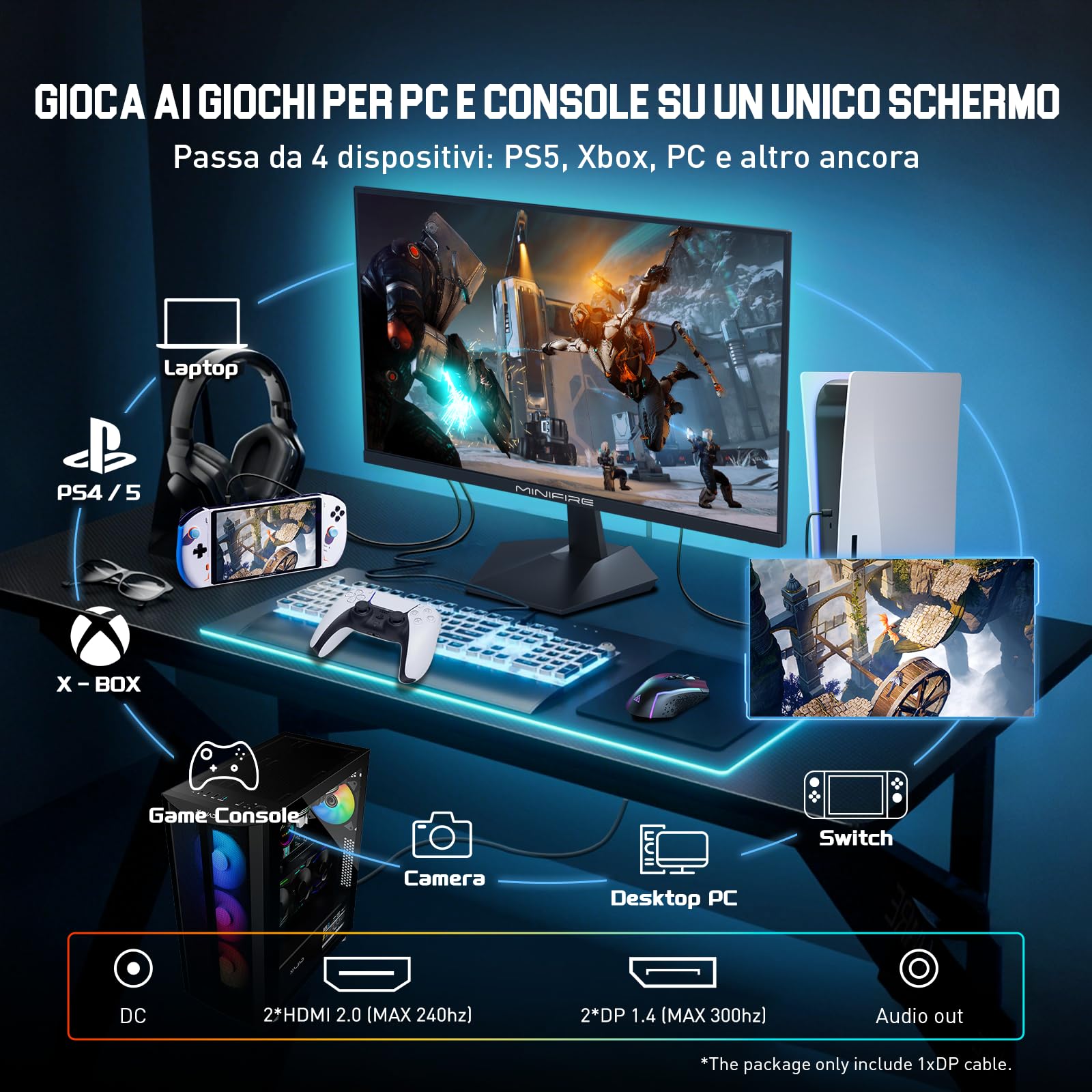 Minifire Monitor Gaming 24.5 Pollici 300Hz, 1ms, Full HD Schermo Senza Cornice, IPS Pannello, Adaptive Sync, HDR, Eye-Care, HDMI2.0 & DisplayPort1.4, VESA75x75, 178°, -5°–15° Inclinazione Regolabile