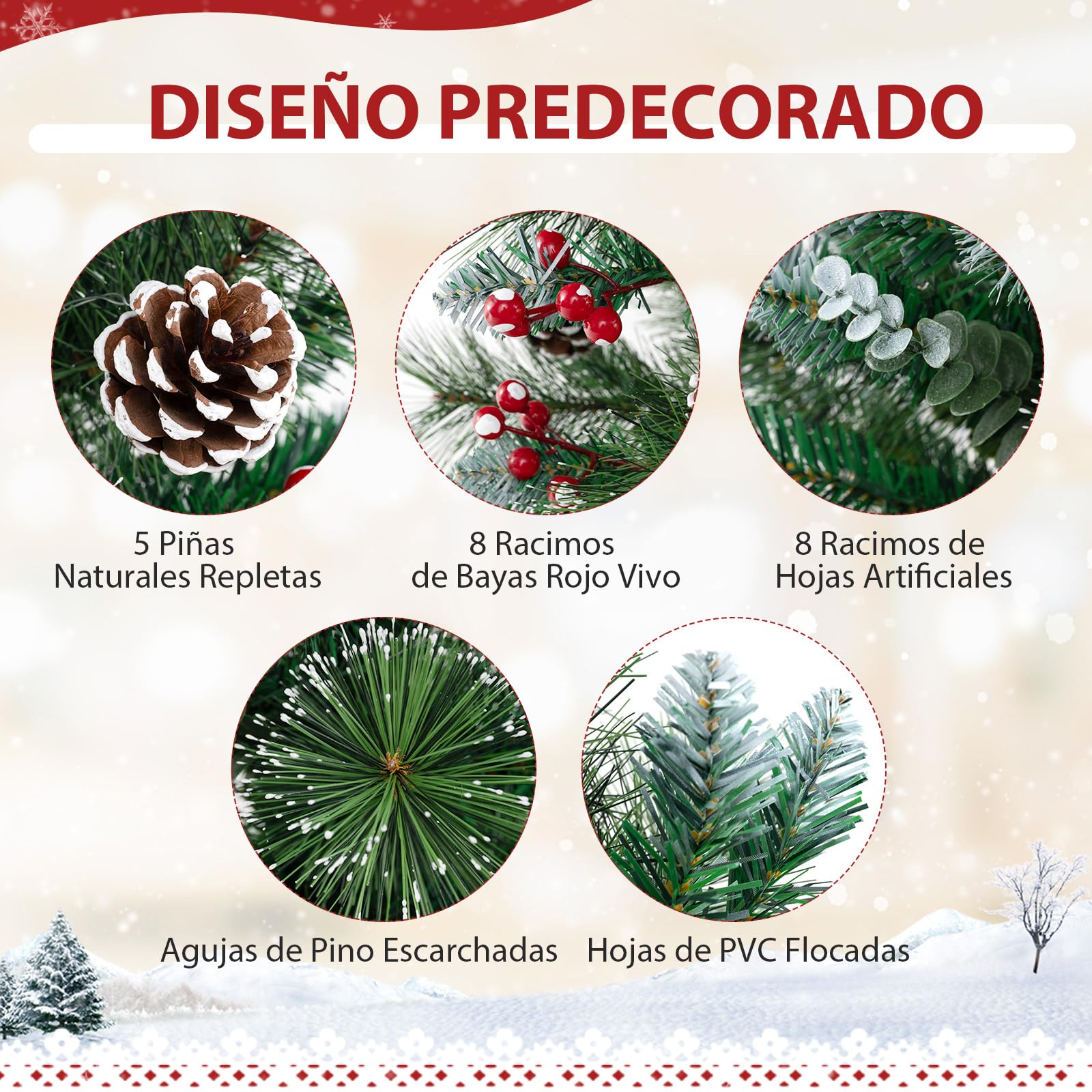 COSTWAY Mini Árbol de Navidad con Luces 90cm, 20 Luces Blancas Cálidas, 8 Modos, Temporizador, 81 Puntas de PVC y Pino, 5 Piñas y 8 Bayas Rojos, Árbol de Navidad Nevado Pequeño de Mesa/Escritorio
