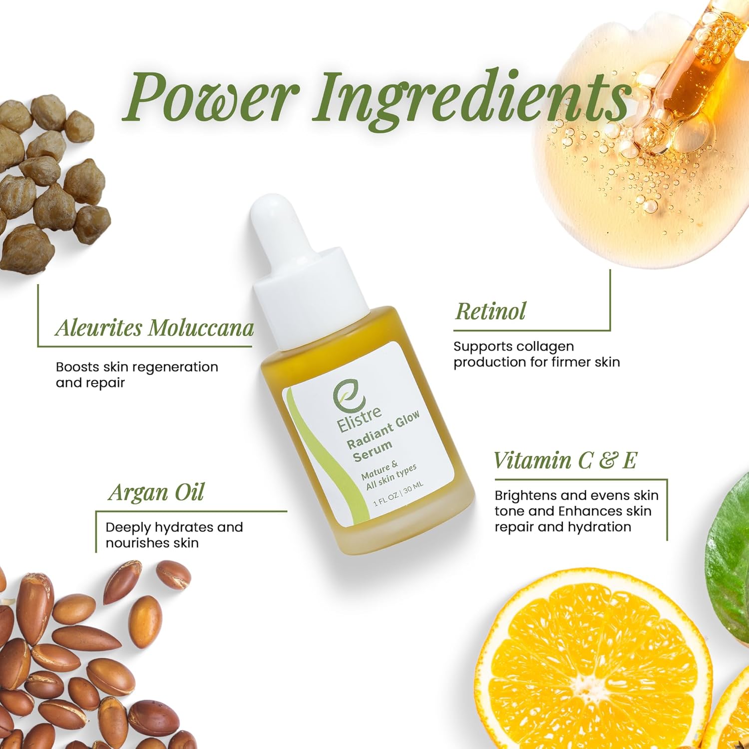 Elistre Radiant Glow facial oil with Vitamin C, Blend of Exotic Essential and Nurturing plant oils, For Very Dry skin Types