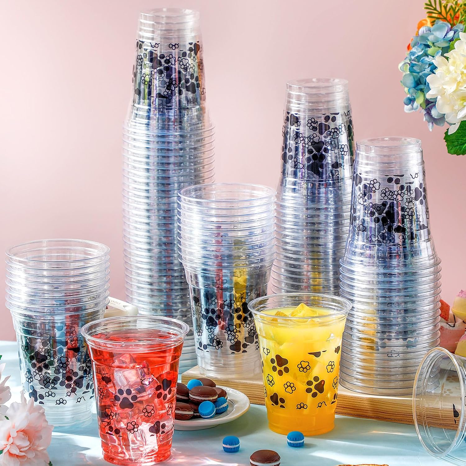 SiliFine 50 Pcs Blue Dog Paw Print Plastic Cups Puppy Birthday Party Cups Bulk 12 oz Disposable Clear Birthday Decorations for Ice Coffee, Smoothie, Juice, Baby Shower Party Supplies image 4