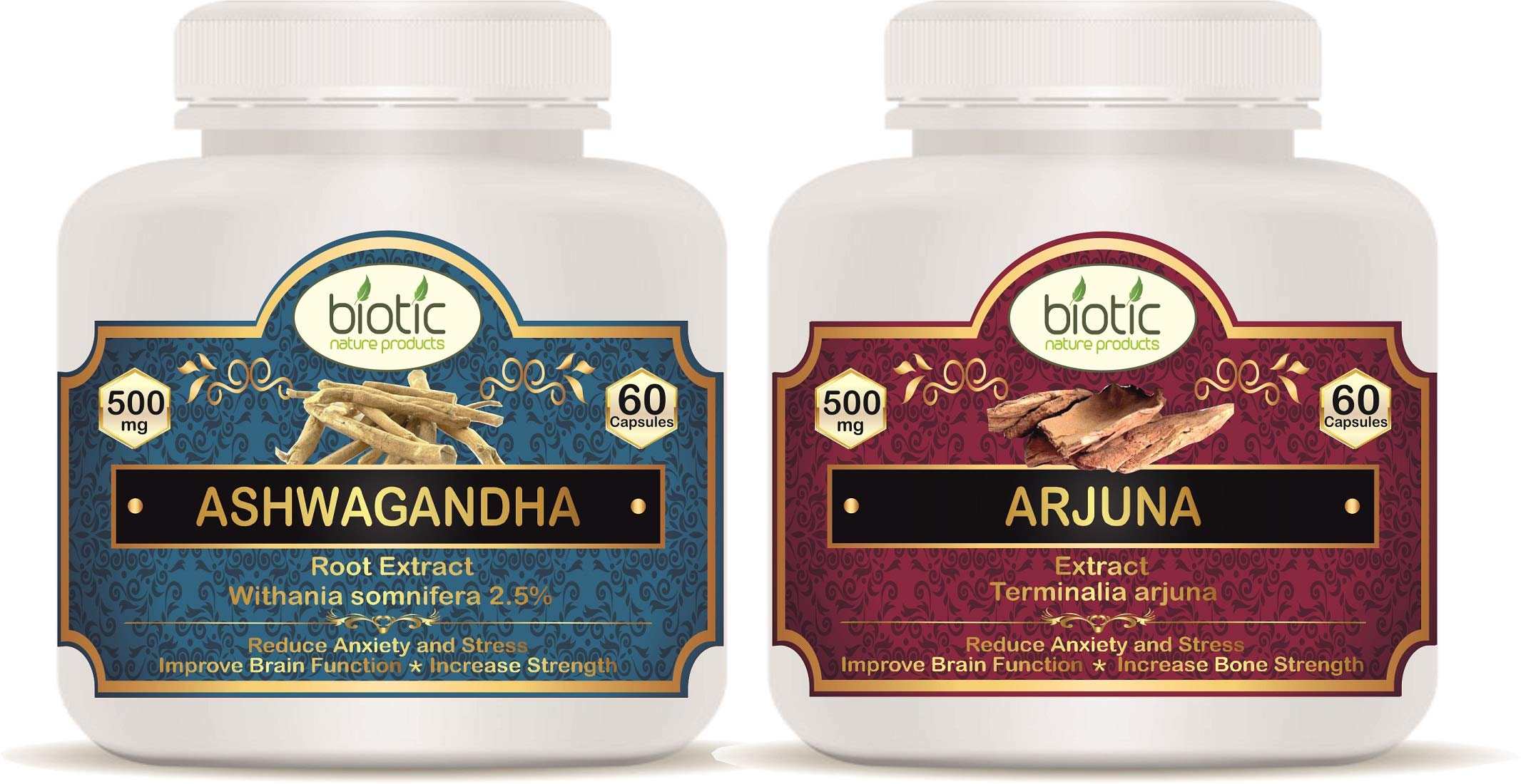 Biotic Natural Ashwagandha Capsules and Arjuna Capsules for Heart Care Extract 500mg - 120 Veg Capsules