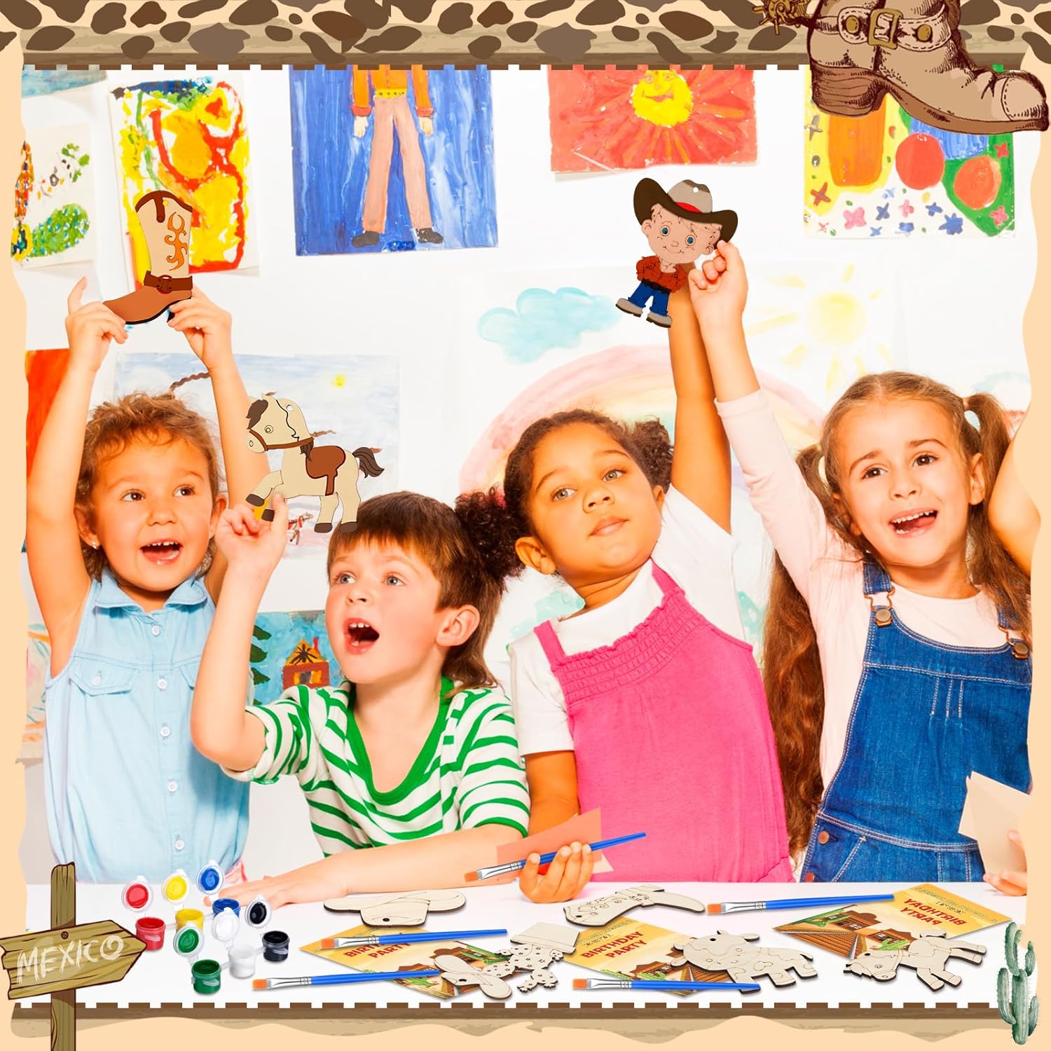 Saypacck 24 Pcs Western Cowboy Party Favors Wild West Birthday Party Wooden Painting Craft Kits First Rodeo Wood Crafts with Organza Bag for Birthday Favors Goodie Bags Fillers Gifts - Image 5