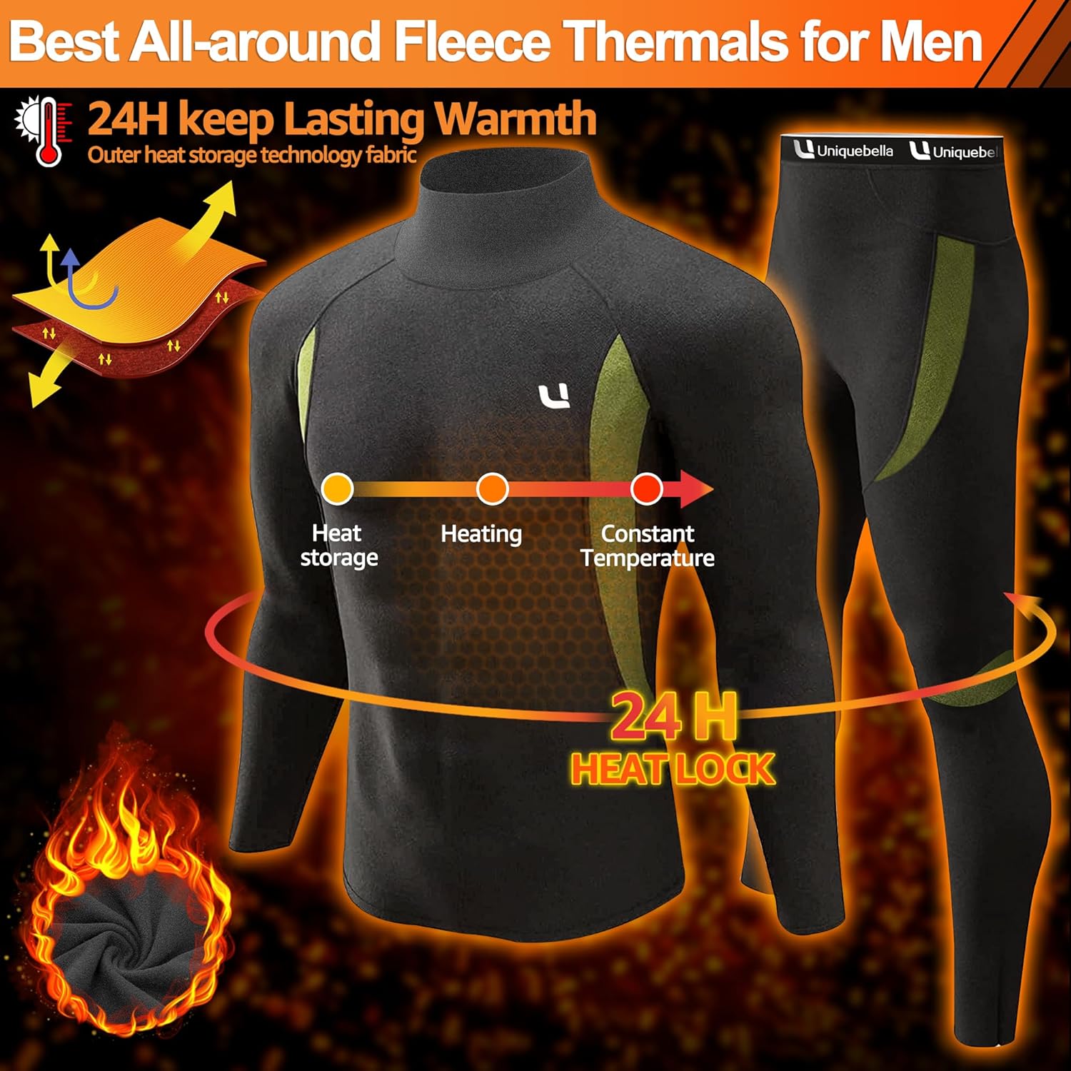 UNIQUEBELLA Men's Thermal Underwear Sets Top & Long Johns Fleece Sweat Quick Drying Thermo Base Layer - Image 2