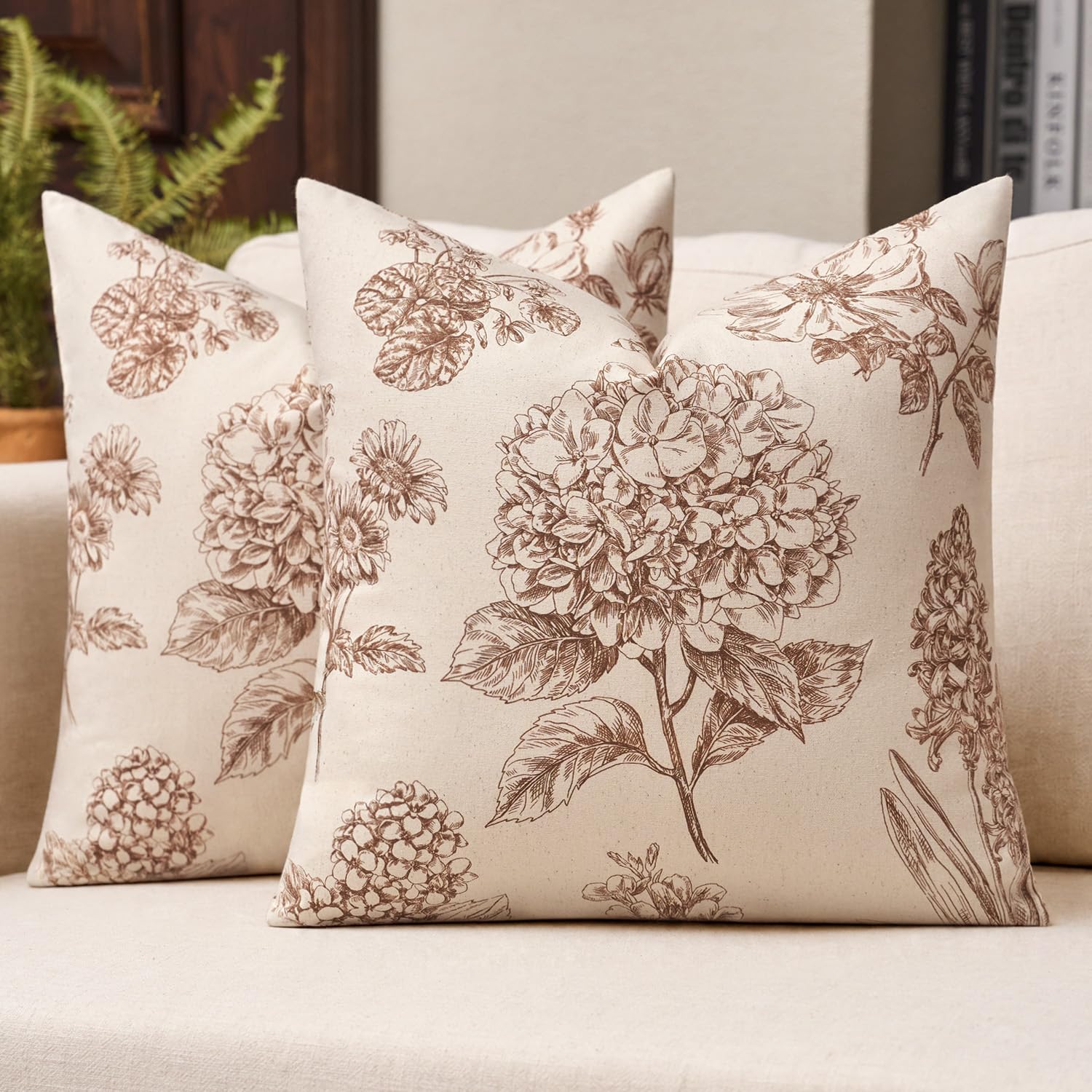 Kevin Textile 100% Cotton Hydrangea Floral Cushion Covers 45x45cm Set of 2, Neutral Boho Throw Pillow Covers for Spring Summer, Vintage Farmhouse Decor for Sofa Couch Bedroom Living Room, Light Brown