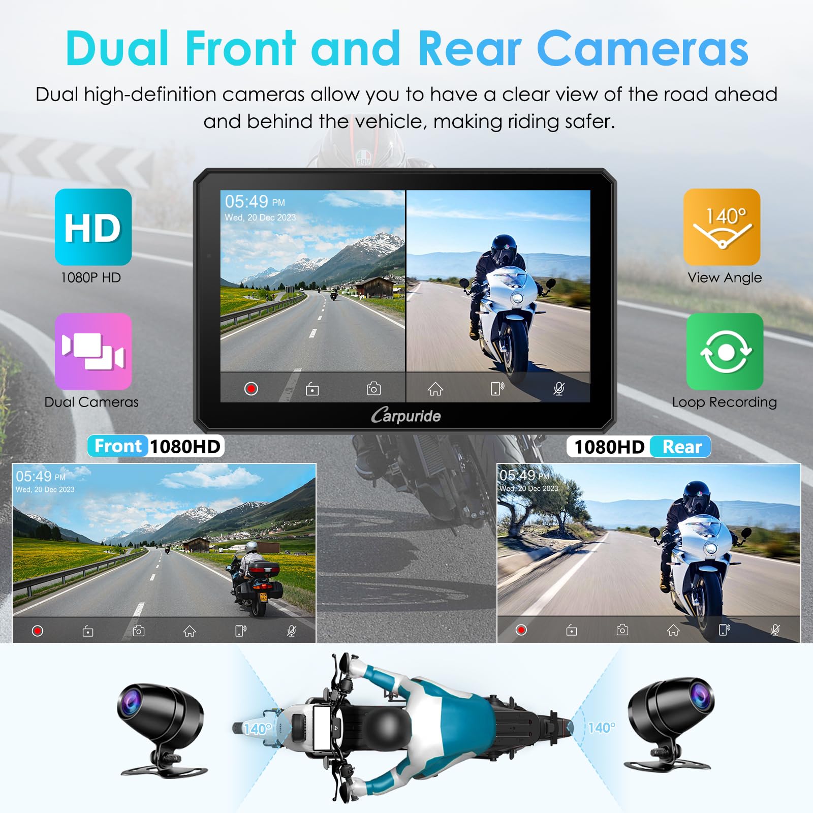 Carpuride W712D Motocicleta Carplay Pantalla con 1080P HD Dash CAM Duales Cámara, Inalámbrico CarPlay y Android Auto, 7" Pantalla Táctil Impermeable, BT, Cable Controlador, Grabación Bucle, GPS.