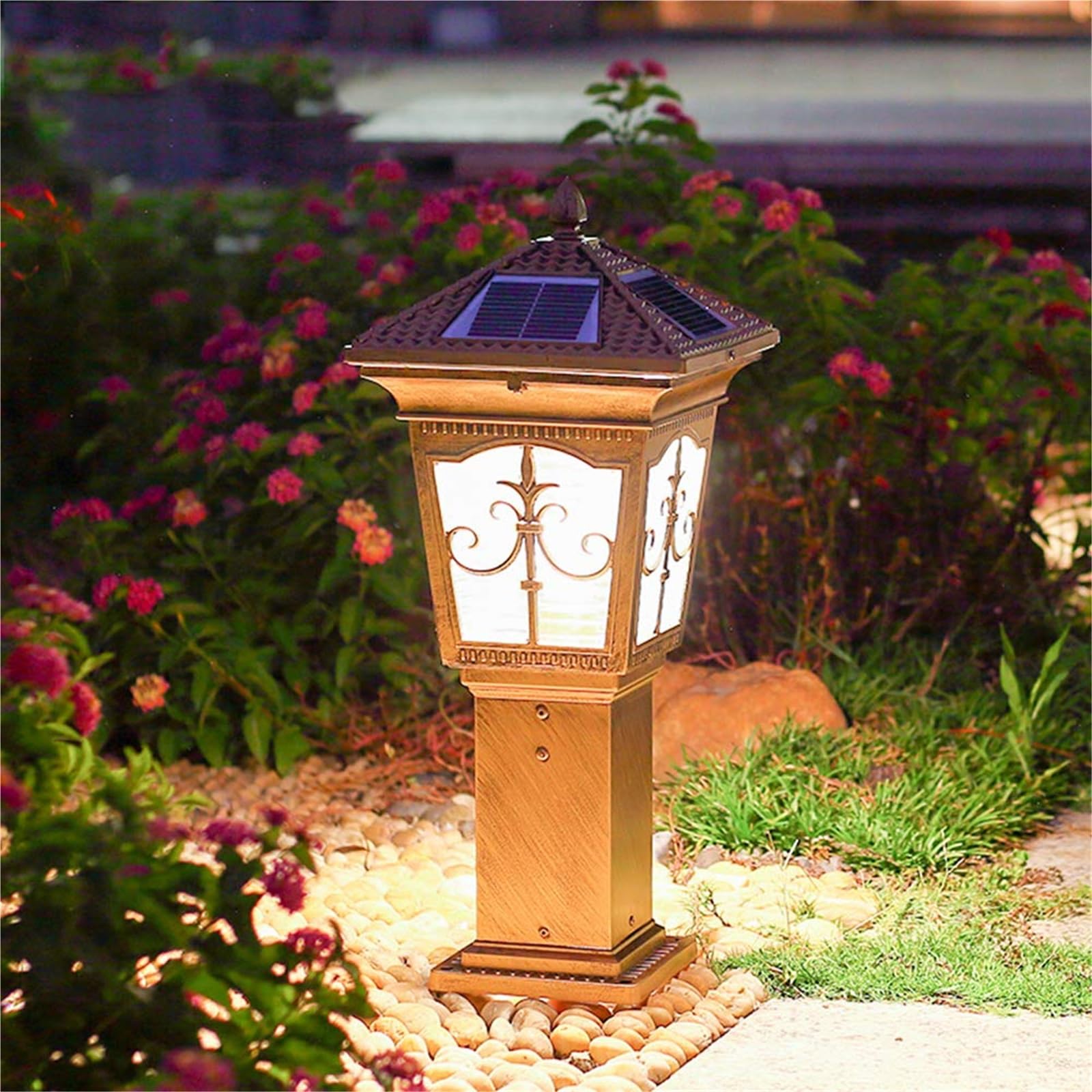 QUSYZD Solar Post Lights Lamp Post Lights Outdoor Lighting Decorative Lawn Lamp Outdoor Waterproof Solar Led Garden Villa Outdoor Retro Residential Lawn Garden Street Light,Brass-15.5 * 24 * 76