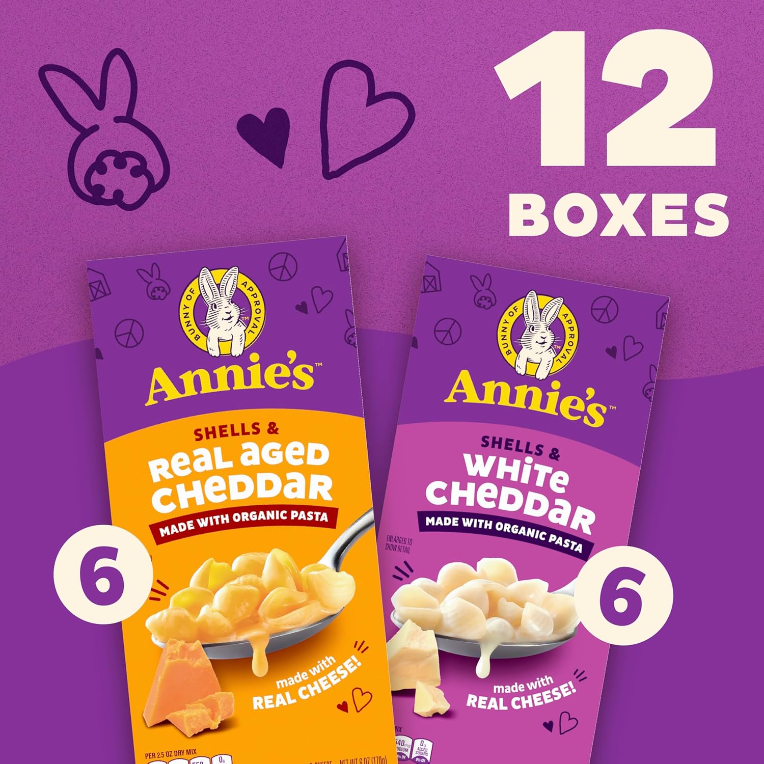 Annie's Organic Macaroni and Cheese Variety Pack, Shells & White Cheddar and Shells & Real Aged Cheddar, 6 oz (Pack of 12)