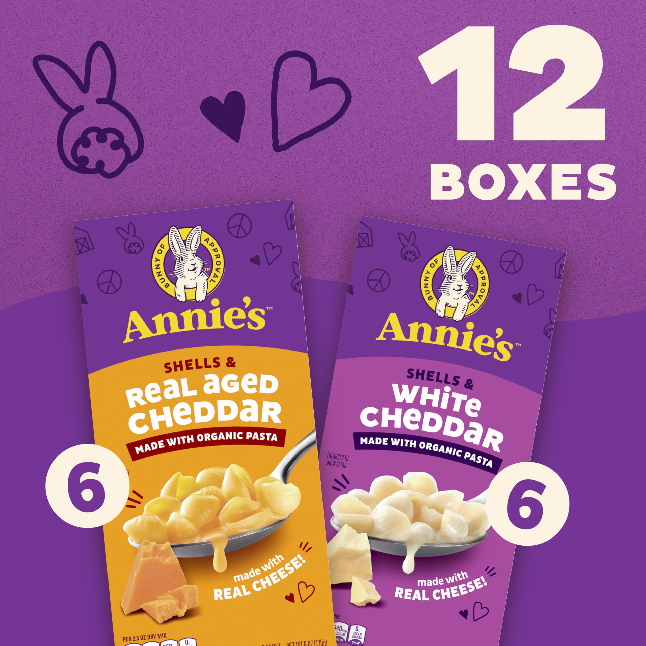 Annie's Organic Macaroni and Cheese Variety Pack, Shells & White Cheddar and Shells & Real Aged Cheddar, 6 oz (Pack of 12)