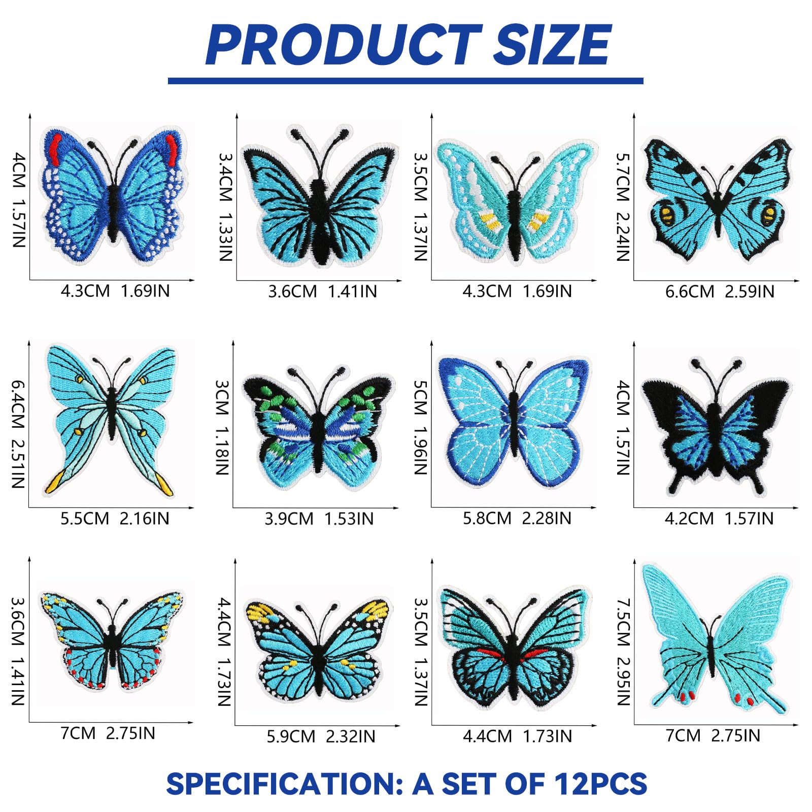 12 Toppe Adesive Farfalle Per Jeans E Zaini | Blu | Decorazione E Riparazione Tessuti