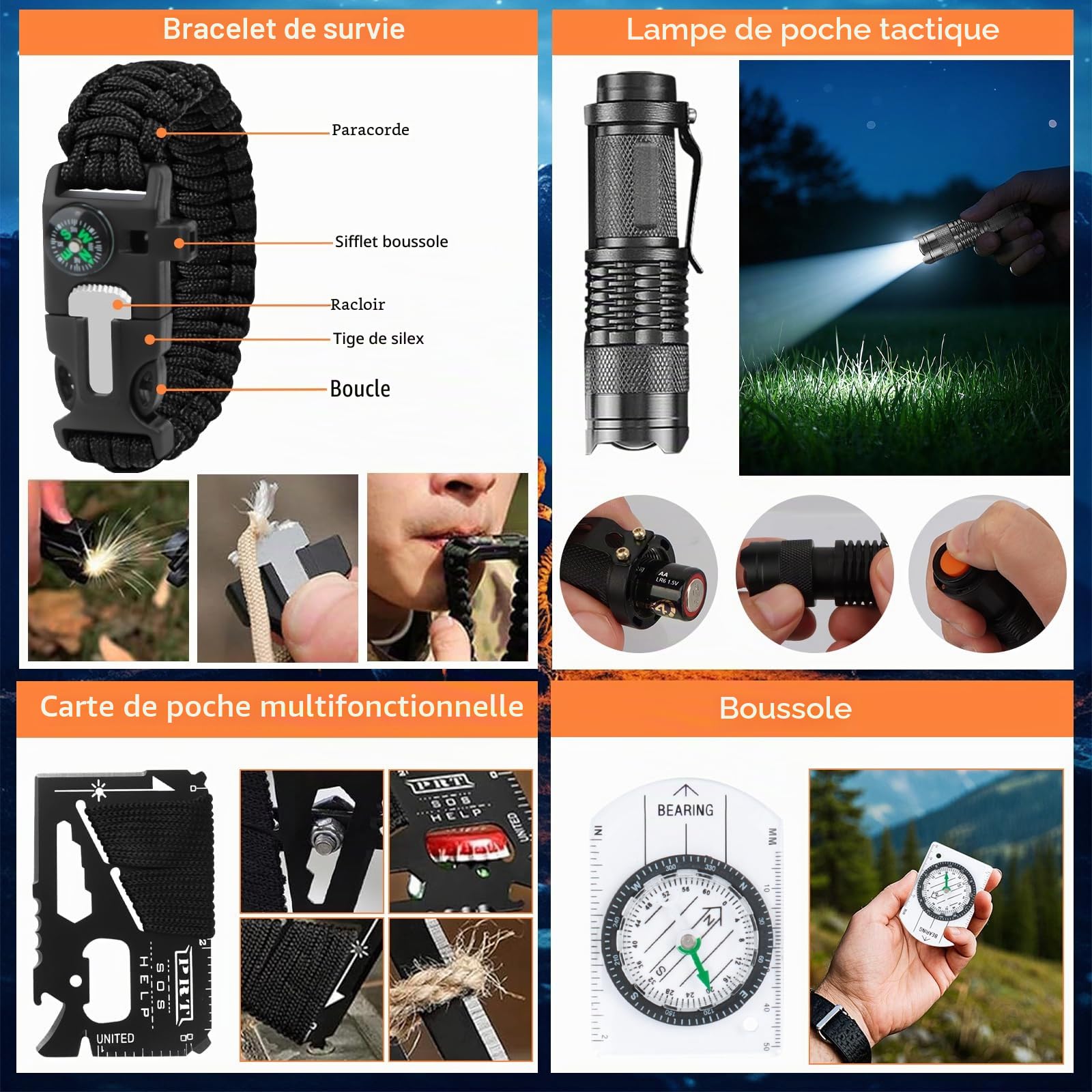Kit de Survie Sac Complet 30 en 1 de 69 Pièces, Trousse de Secours Lampe Torche Boussole Couverture Sifflet de Survie, pour Camping Randonnée et Chasse Survivalisme