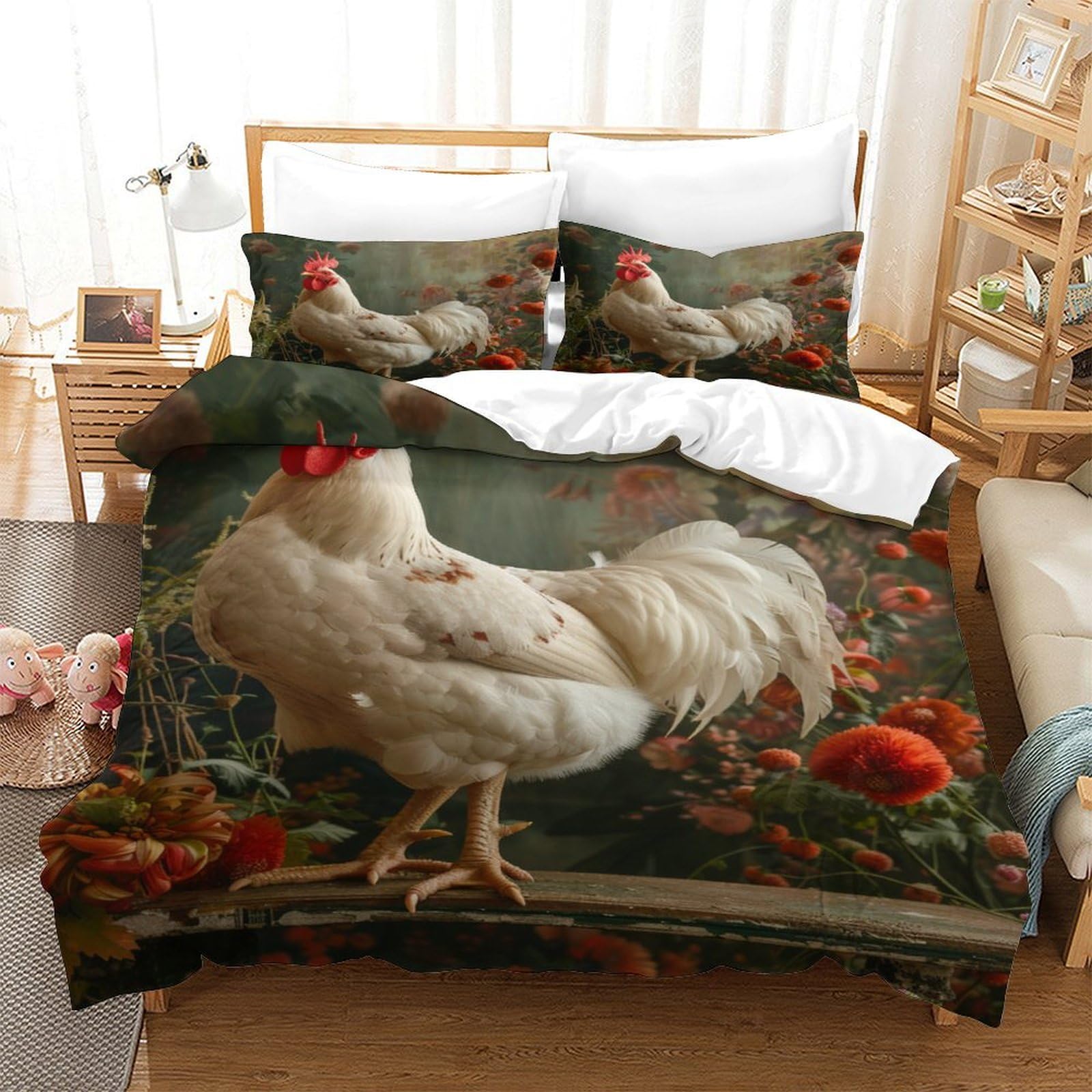 P1s9u7w5y Gallic Rooster Farm Rooster 3D Printed Duvet Cover Set 3Pcs Microfiber Animal Bedding Set Double（200X200cm）