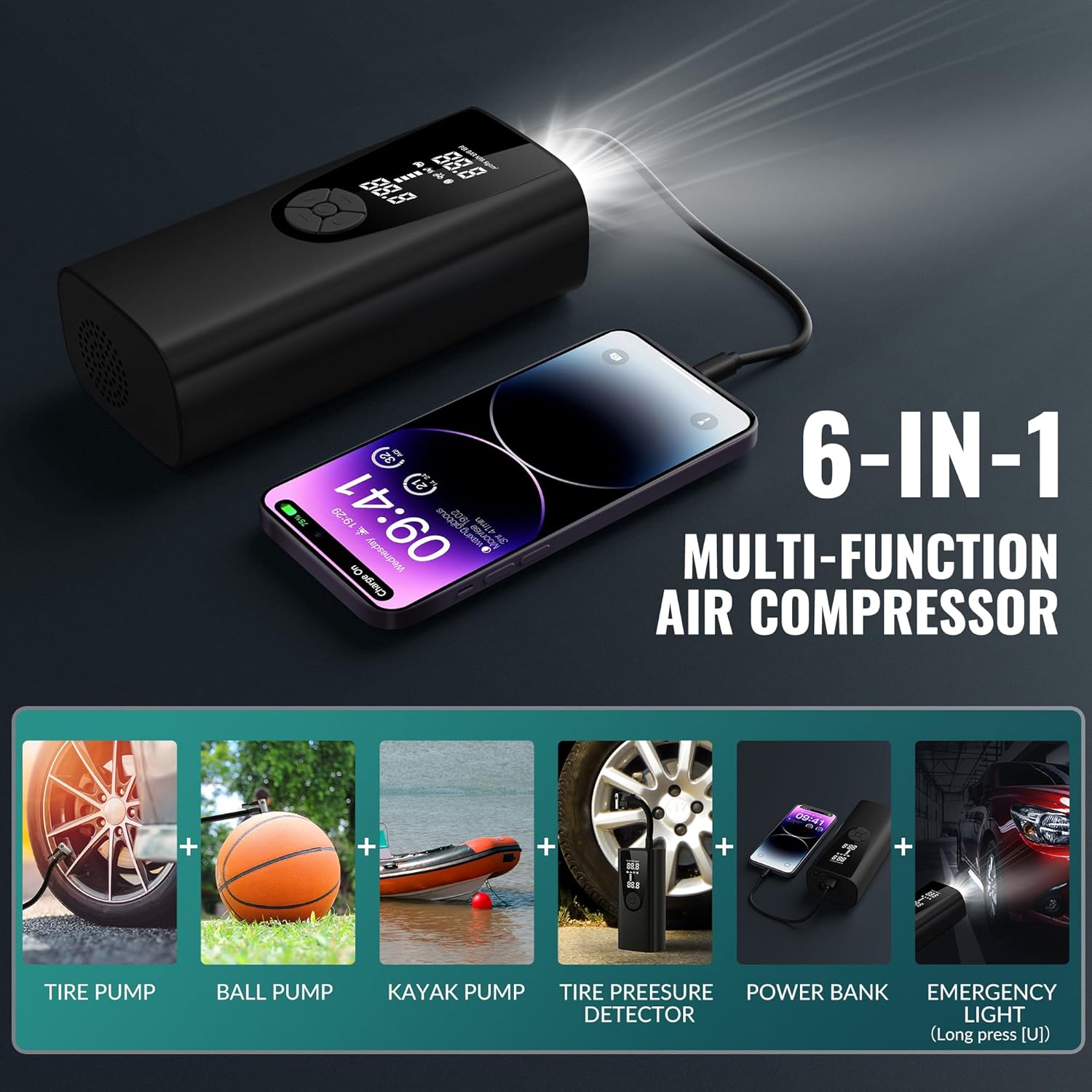 Upgrade Tire Inflator Portable Air Compressor-180PSI Air Pump for Car Tires-Electric 3X Faster Tire Inflation-Cordless Tire Pump with Pressure Gauge for Car, Motorcycle, Bicycle, Ball and More - Image 6