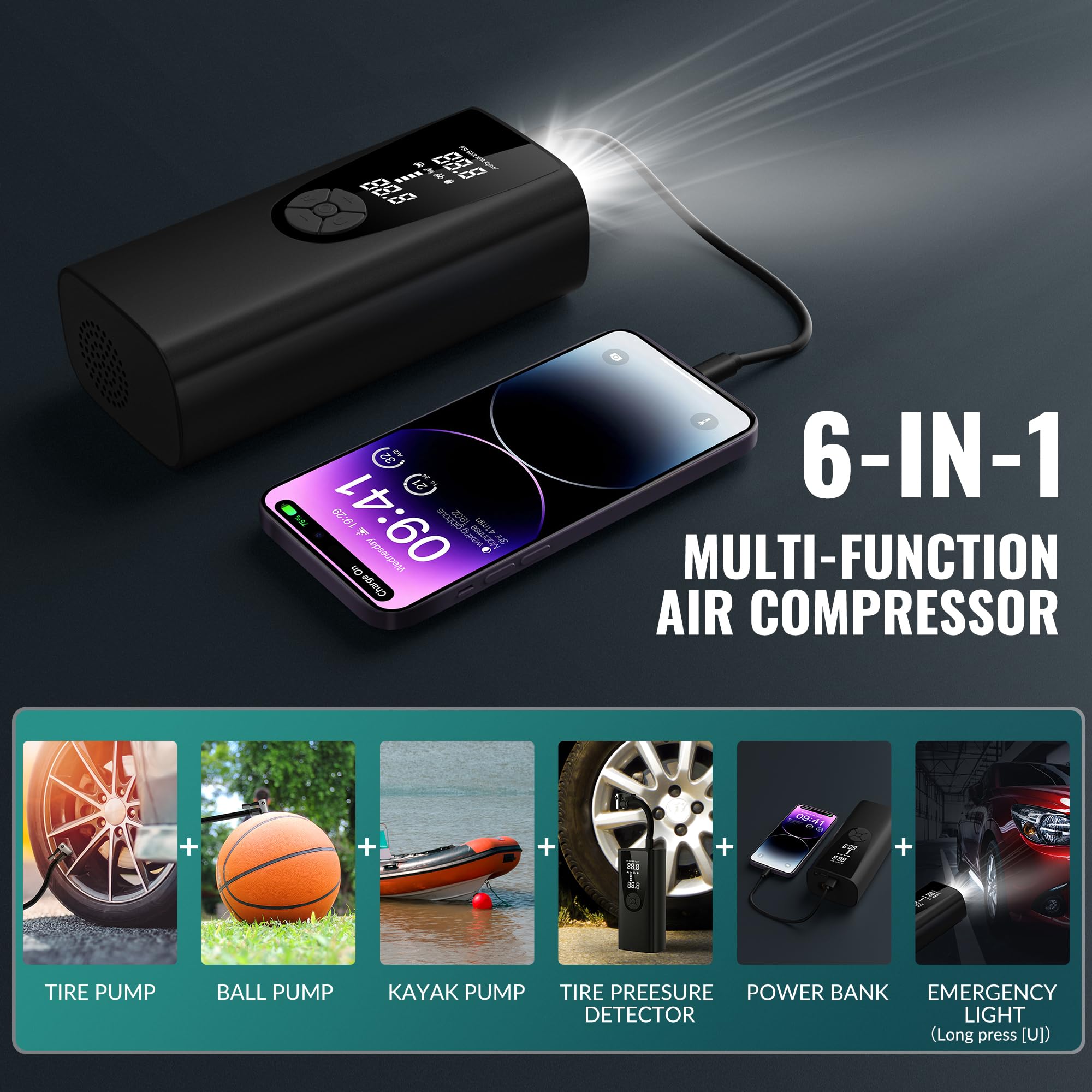 Upgrade Tire Inflator Portable Air Compressor-180PSI Air Pump for Car Tires-Electric 3X Faster Tire Inflation-Cordless Tire Pump with — view 6