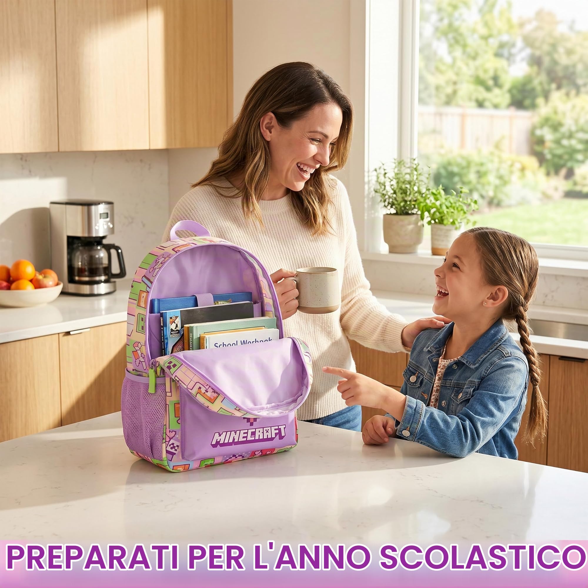 Get Trend Minecraft Grande Zainetto Bambina, 46 cm Borsa Zaino Scuola Multi-Scomparto e Spallacci Regolabili per Scuola e Gite, Idea Regalo (Multi Minecraft)