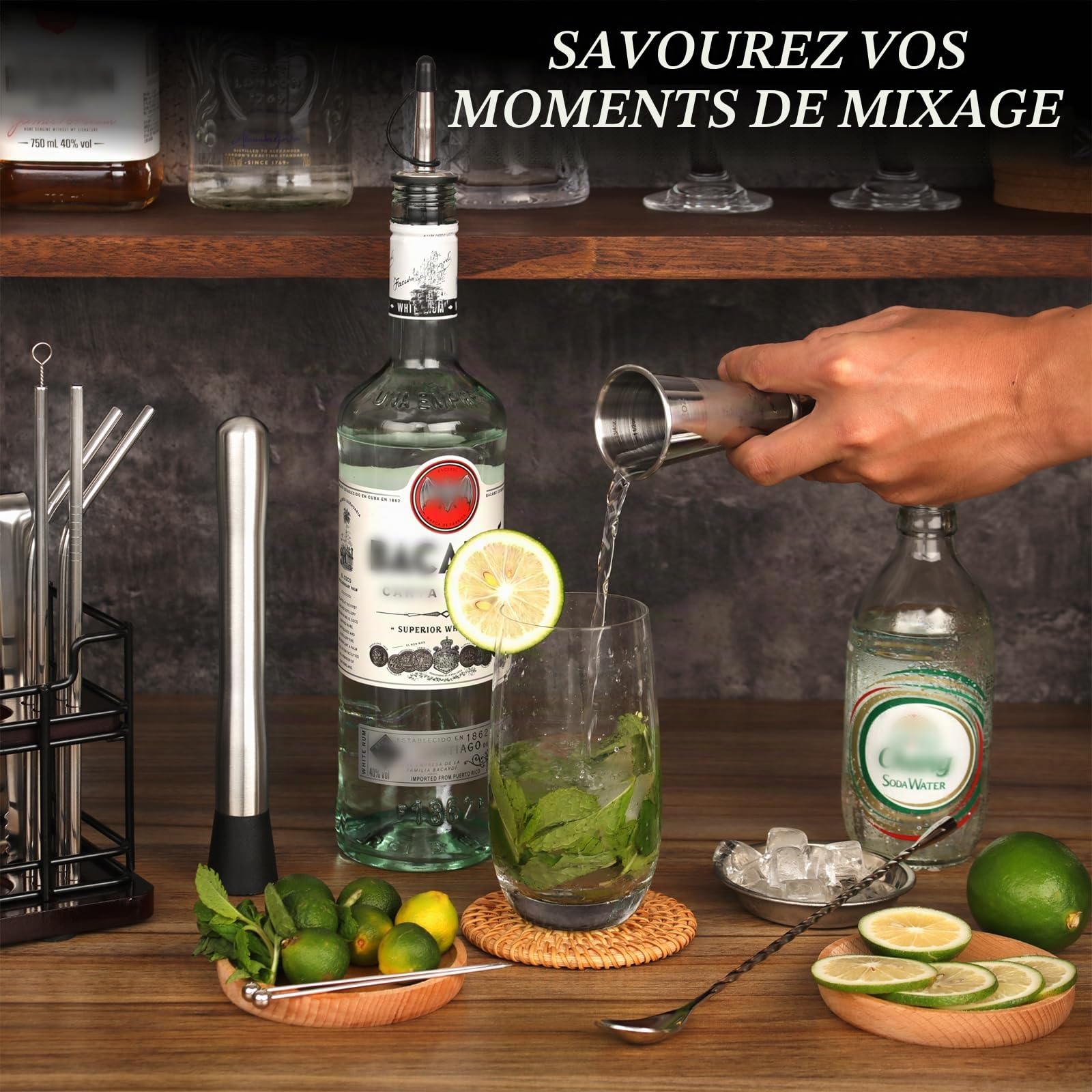 Boston Shaker à Cocktail 20 pièces avec Support, kit Cocktail 825 ML en INOX, Comprenant doseur Cocktail, Pilon et Autres Accessoires Pros, Set Machine à Cocktails pour fêtes, Maison et Bar (argenté)