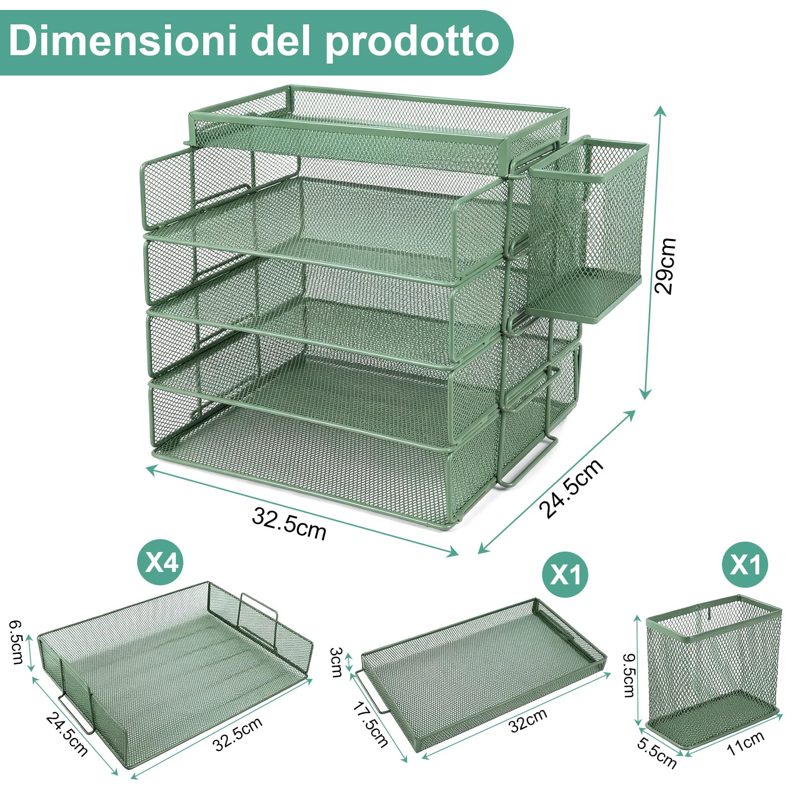 Portadocumenti impilabile per fogli A4, organizer scrivania con 4 scomparti e 1 portapenne, adatto a documenti A4, portadocumenti da scrivania in metallo, porta documenti ufficio scrivania (verde)