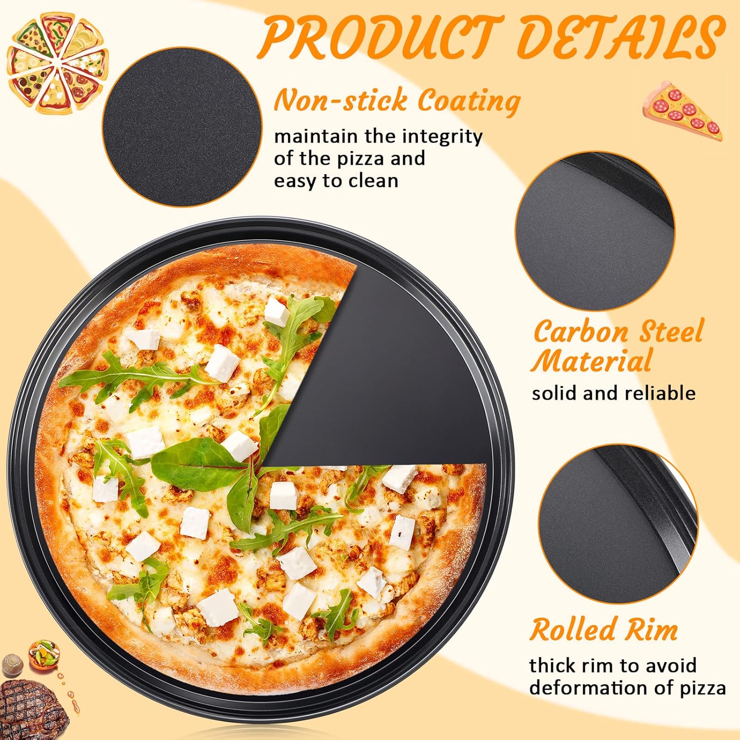 Meanplan 8 Pcs Non Stick Bakeware Pizza Pan Round Pan for Oven Carbon Steel Oven Tray Pie Baking for Home Restaurant Kitchen Baking Supplies, Black(12 Inch)