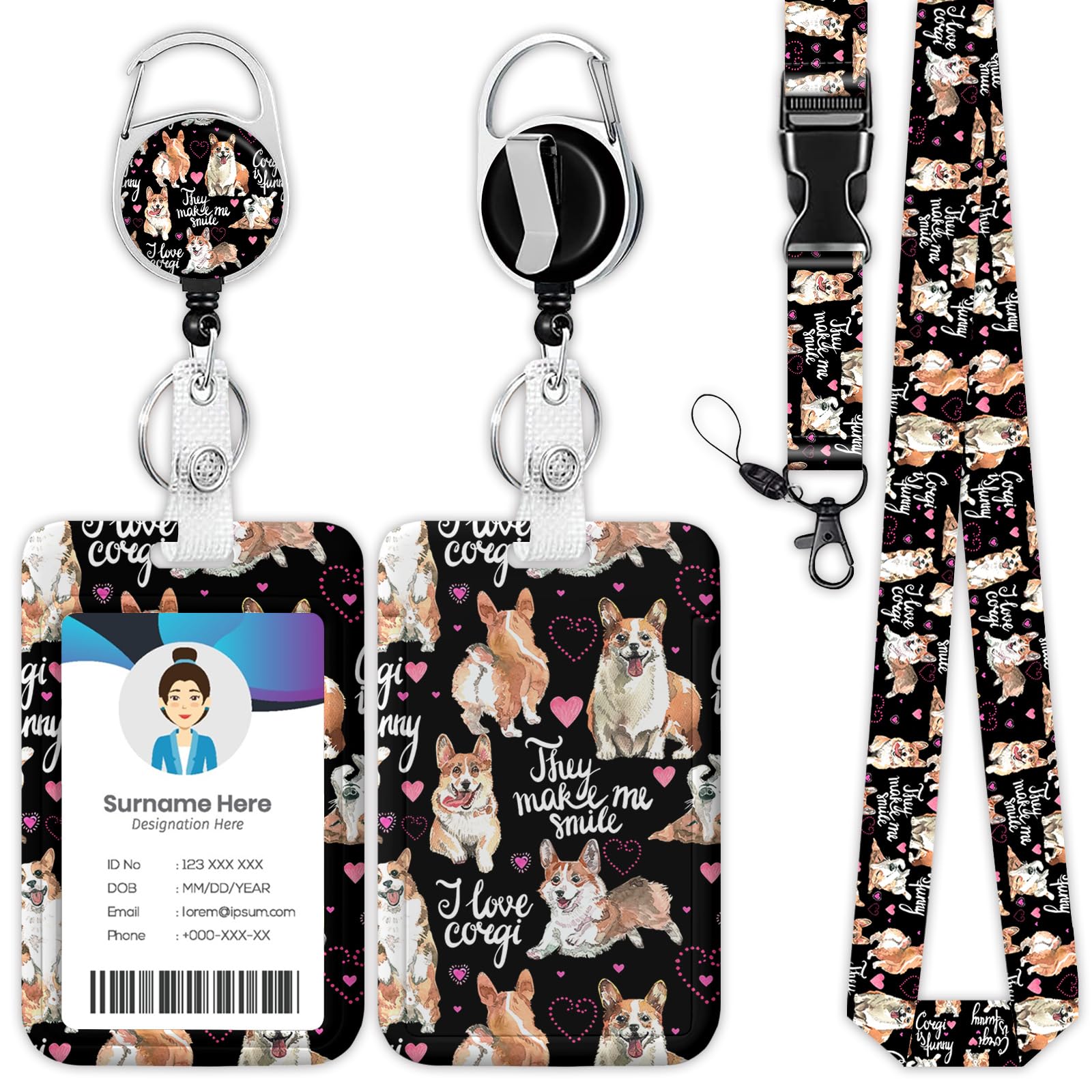 Cute Dog Corgi Badge Holder Reel Lanyard, Dog Lover ID Card Badge Holder Retractable Name Tag Clips for Doctor Nurse Teacher Office Student