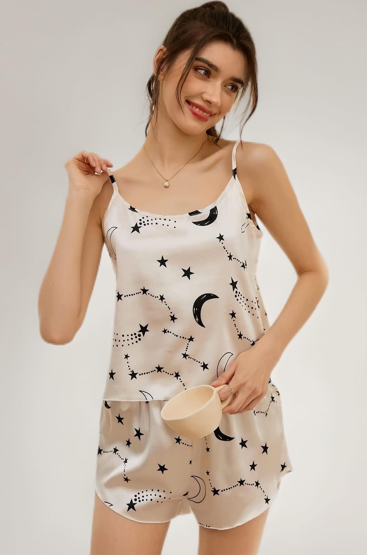 Womens, Polyester Babydoll Lingerie Bodysuit Swimwear Mini Chemise Top Short Wedding Bridal Nightdress With Top Shorts Strylish Prints Beige, Relaxed, Free Size