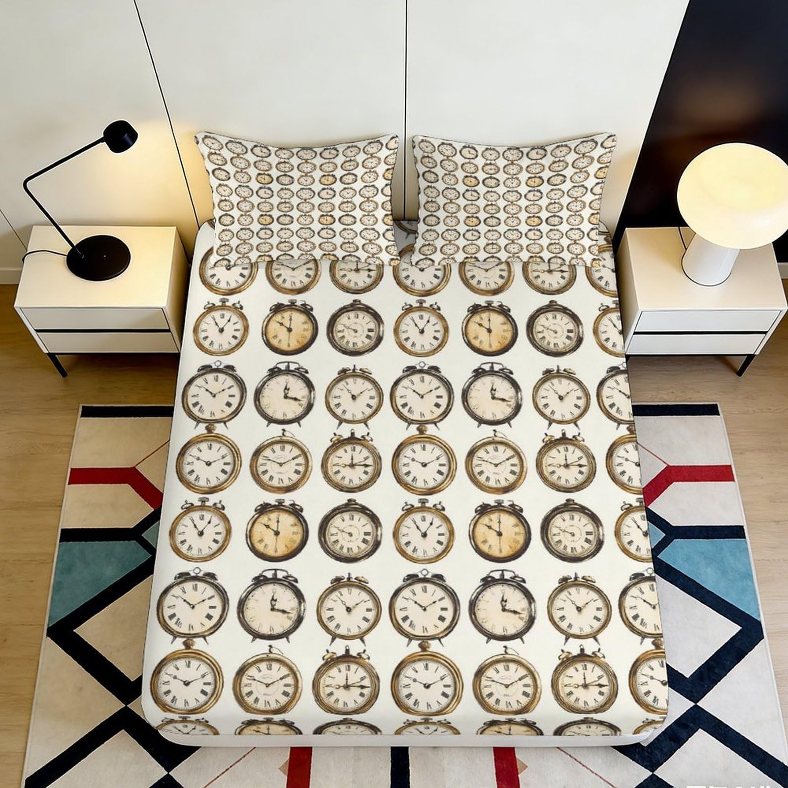 3D Printed Vintage Clock Fitted Sheet Microfiber Deep Pocket Non-Slip Bedroom Bedding Clock Mattress Fitted Cover Washable Full Wrap 200x200x25cm 90x200x25cm