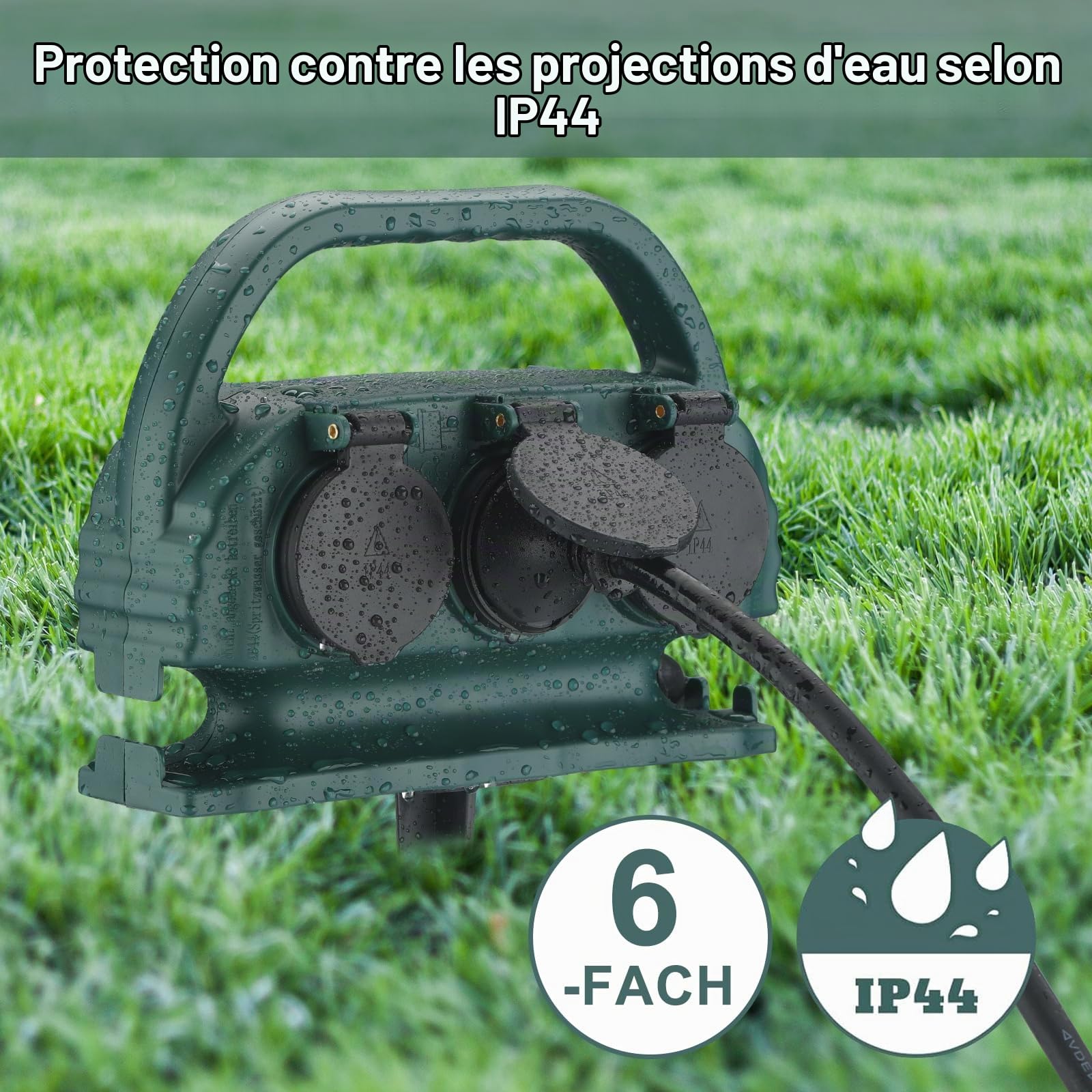 Multiprise de jardin 6 prises IP44 avec poignée de transport et piquet de terre, prise extérieure étanche avec câble en caoutchouc H07RN-F pour l'extérieur (5 m, vert)