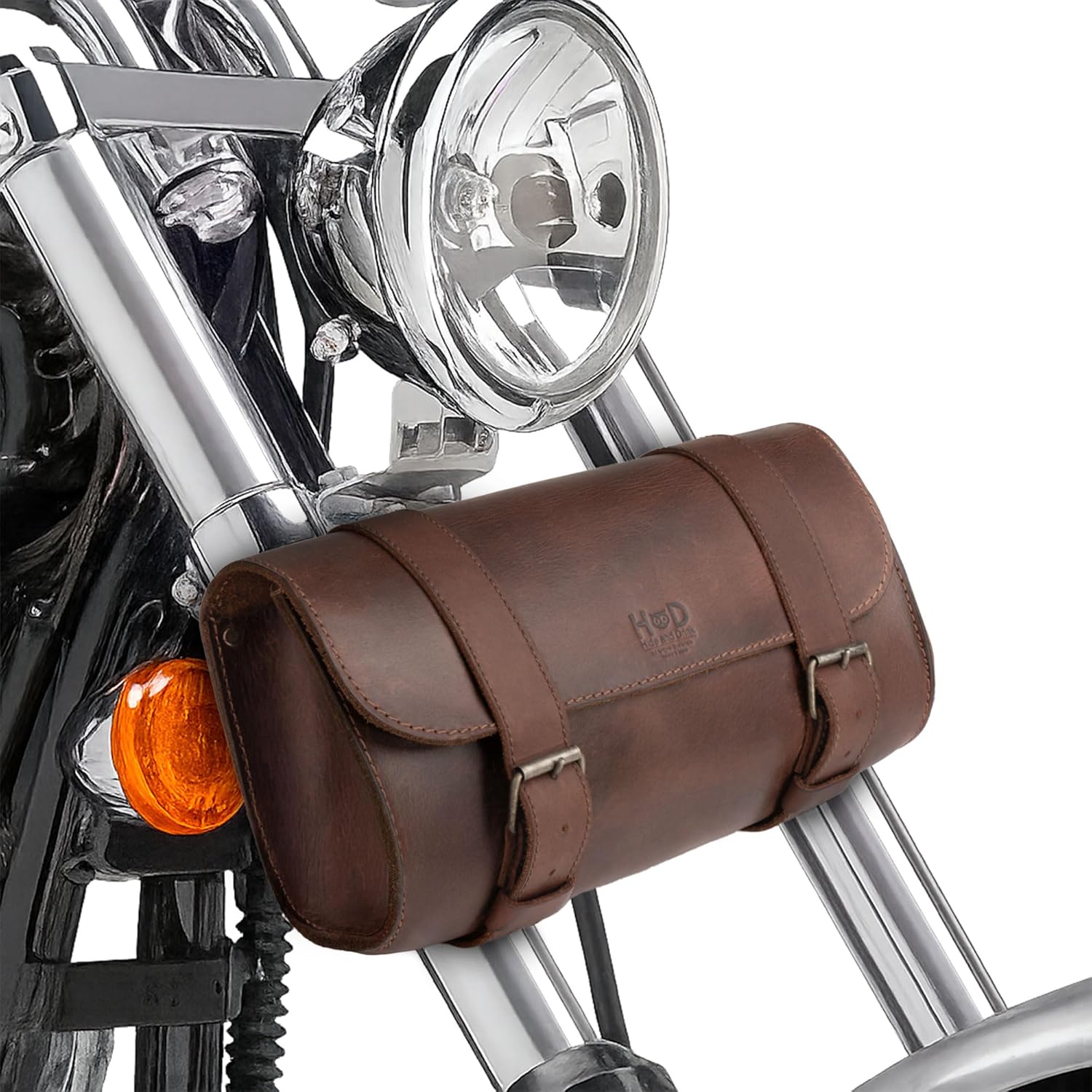 Hide & Drink, Motorcycle Handlebar Bag with 2 Adjustable Straps, Tool Organizer, Motorbike Pouch, Saddle Bag for Bike Commuters, Barrel, Full Grain Leather, Handmade, Bourbon Brown