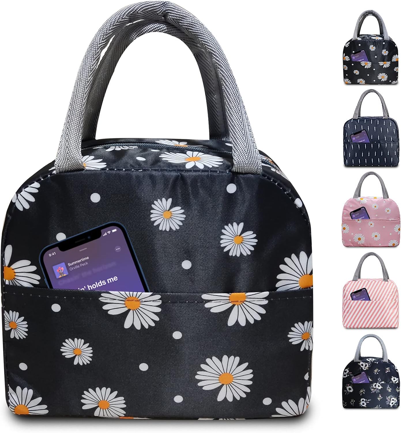 TELLUMO Lunch Bag, Insulated Lunch Bag For Women Men Small Lunch Box Container Reusable Leakproof Tote For Office, Work, School, Beach Or Travel (Black Daisy, Oxford Fabric), 9.5 liter