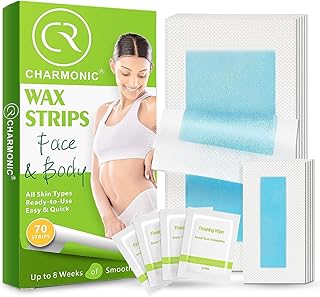 Charmonic Wax Strips 70 Count, Hair Removal Waxing Strips, Hair Remover Waxing Kit for Body & Face, At Home Waxing Kit for Eyebrow Leg Facial Bikini Hair Removal for Women (2 Sizes 70 Strips+ 4 Wipes)