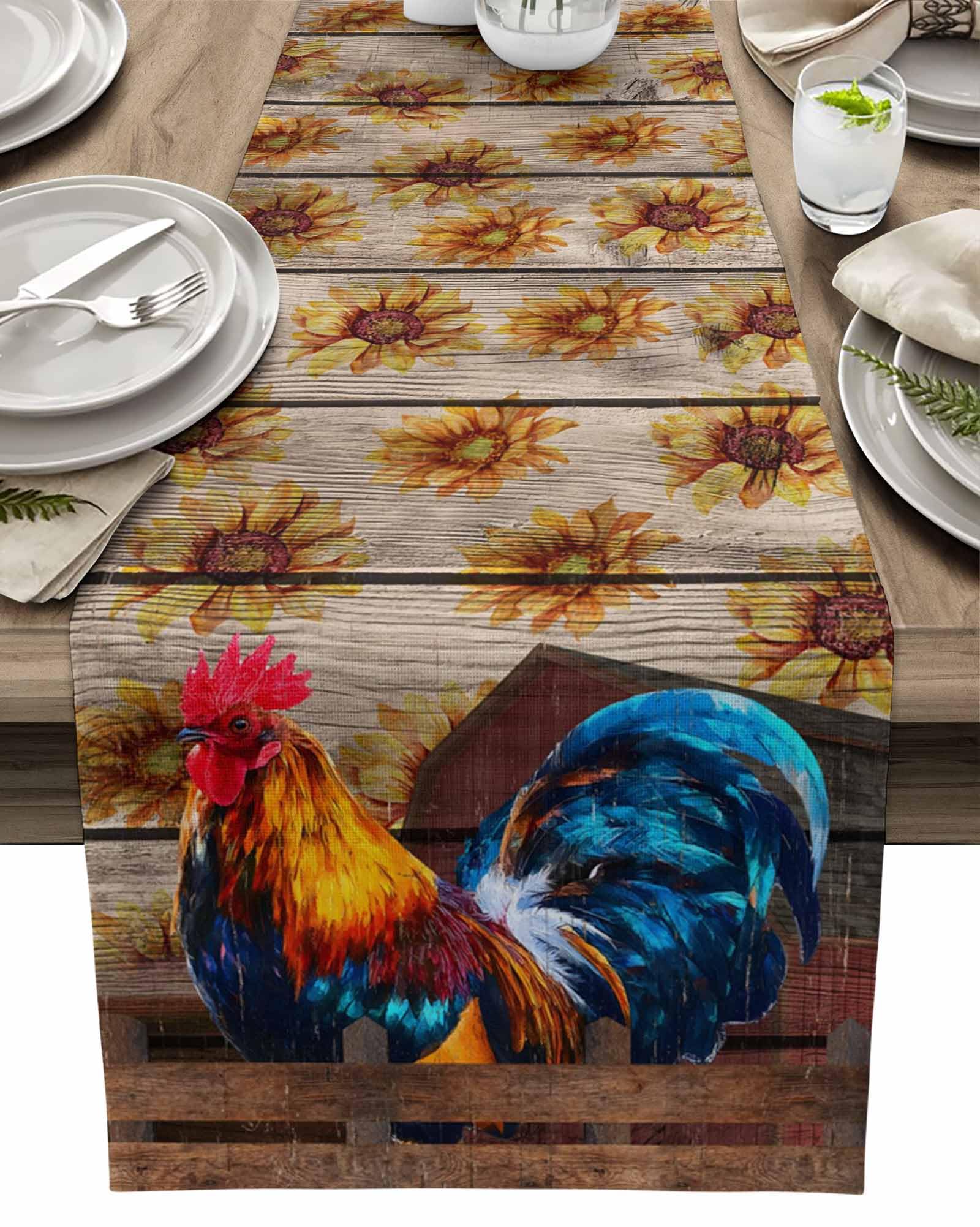 LBCASA Farmhouse Rooster Table Runner 48 Inches Long for Kitchen Dining, Rustic Farm Sunflower Wood Brown Dresser Scarf Farmhouse, Dining Table