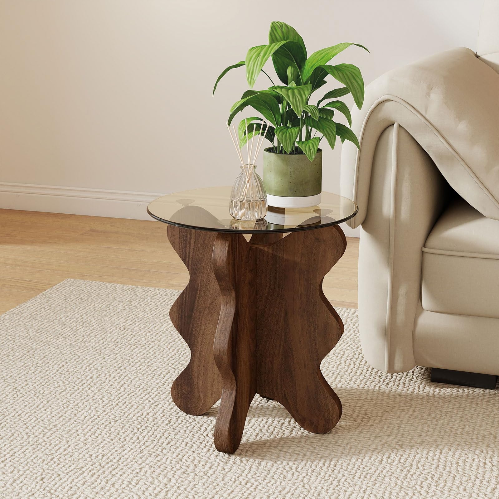 Photo 1 of Permory Wave Coffee & Side Table - Brown MDF, Tempered Glass