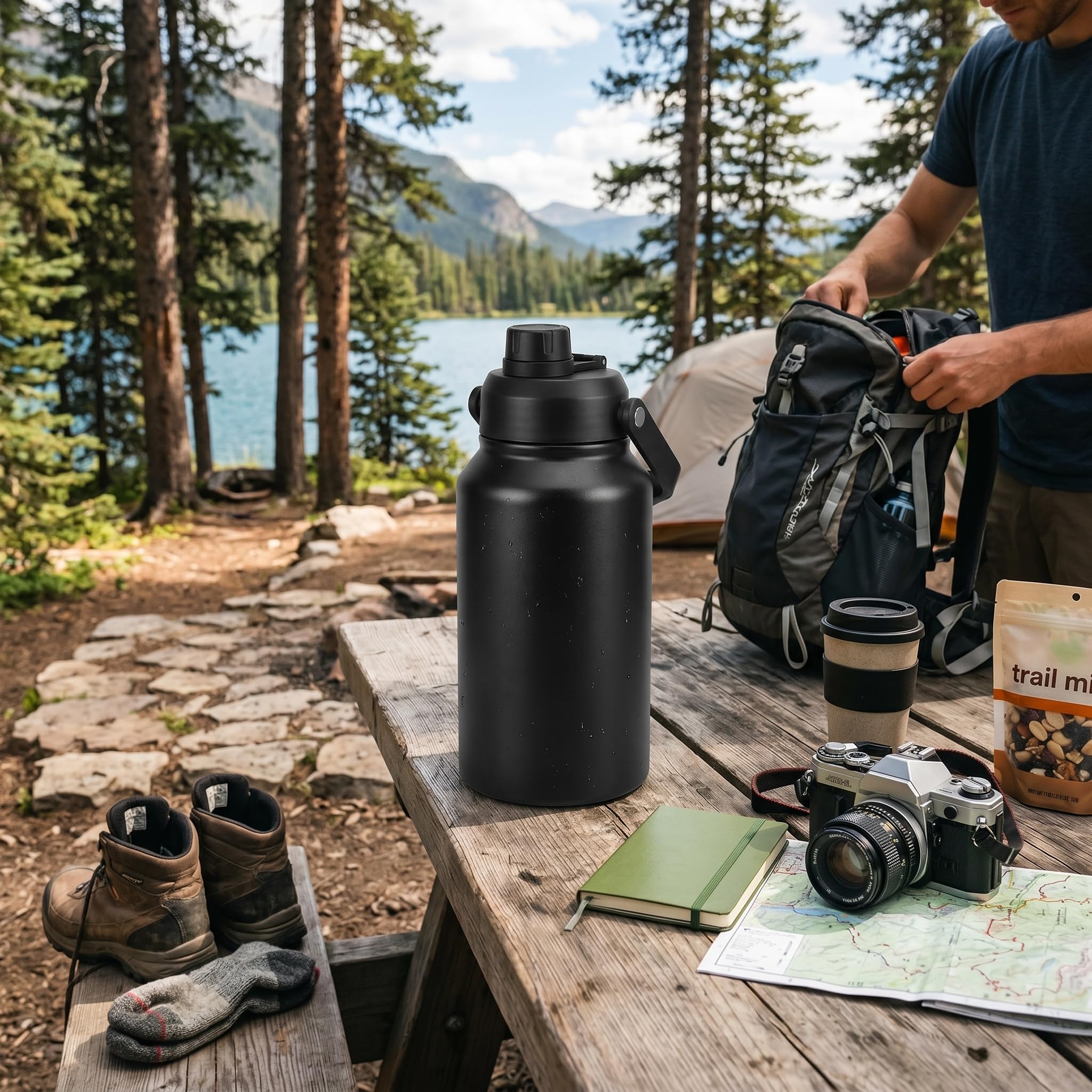 Botella de Agua Aislada de 3L, Taza Térmica de Acero Inoxidable SUS316, Boca Ancha con Asa, Mantiene el Frío 48H Caliente 24H, para Deporte/viajes (BLACK)