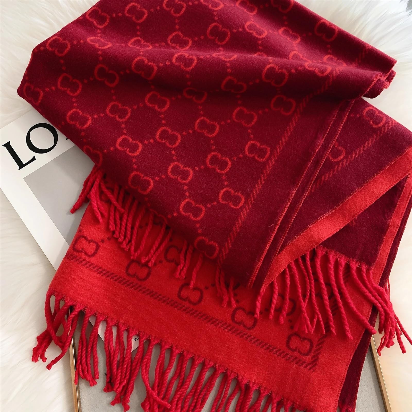 Sciarpa Donna Invernale Sciarpa da Donna in Cashmere simulato, Calda in Inverno, Lunga e Spessa, con Nappe e Motivo a Quadri Colorati(Red)