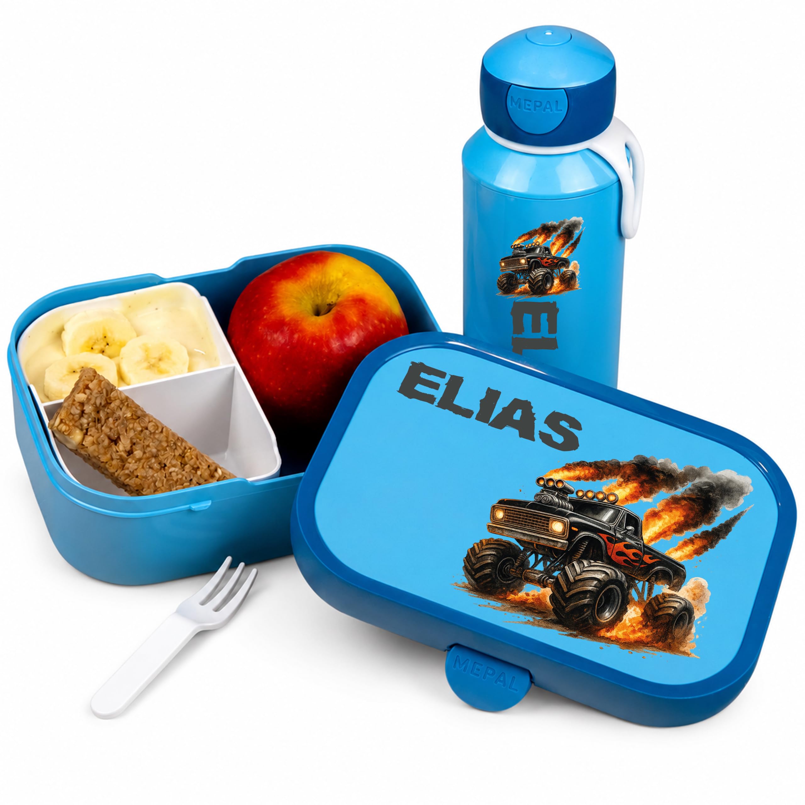 Mepal Campus Brotdose Personalisiert & Trinkflasche - 2er Set Cool Blue | Monstertruck Auto Truck Name - Geschenk Kitastart Einschulung Schule Brotdose Trinkflasche Lunchbox Junge Mädchen Kita