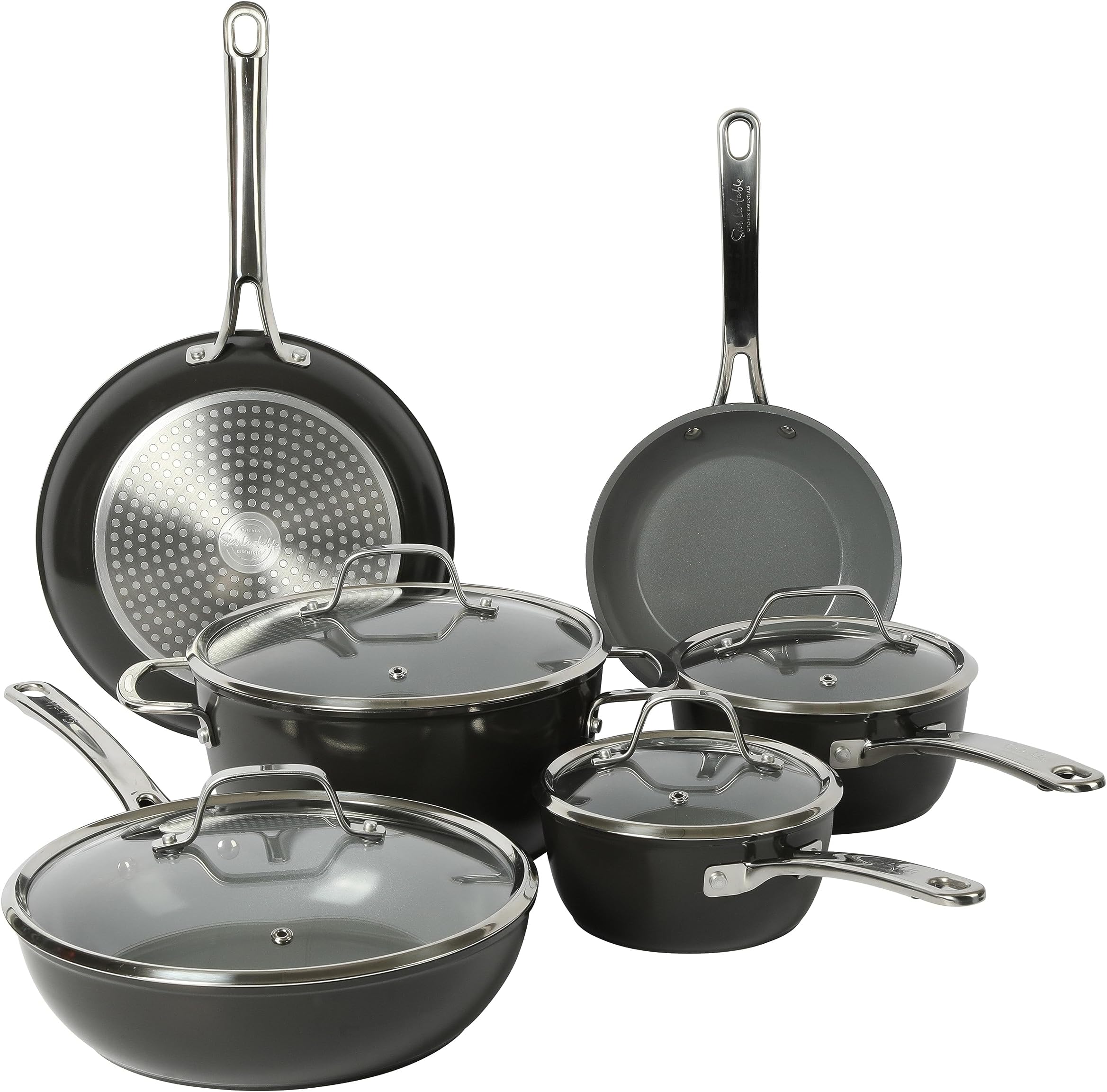 Kitchen Essentials 10 Piece PFA Free Titanium Ceramic Nonstick Interior Forged Aluminum Cookware Pots and Pans Set - Black - Induction Compatible