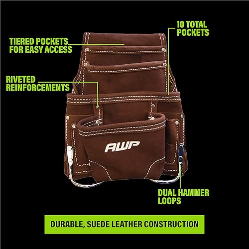 Miniatura 6 de AWP - Bolsa de herramientas de gamuza de 10 bolsillos  Bolsa de herramientas de cuero de construcción general duradera  Marrón