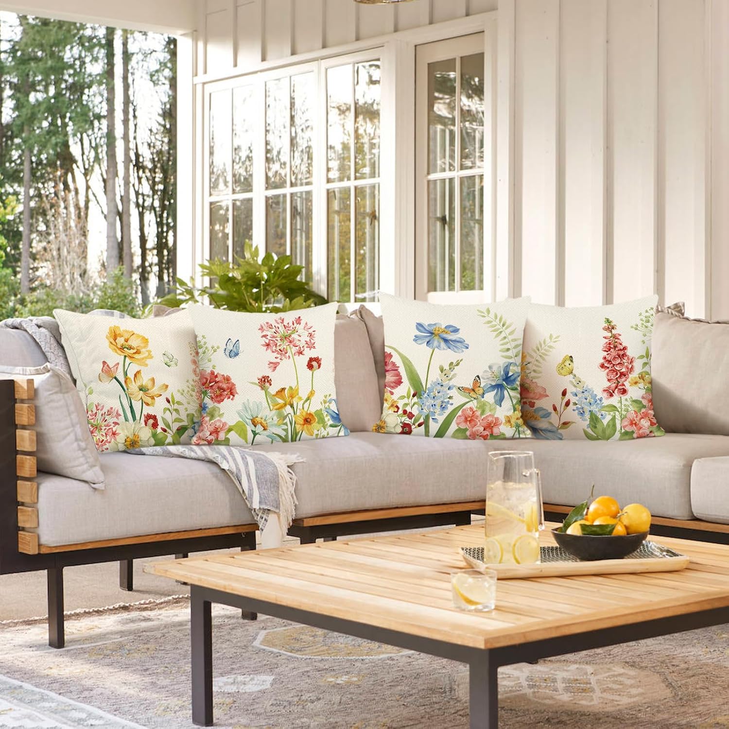 Bonhause Spring Floral Pillow Covers 18x18 Inch Set of 4, Wildflower Plant Decorative Cushion Covers, Polyester Linen Seasonal Flowers Outdoor Pillows Cases for Couch Sofa Garden Patio - Image 2