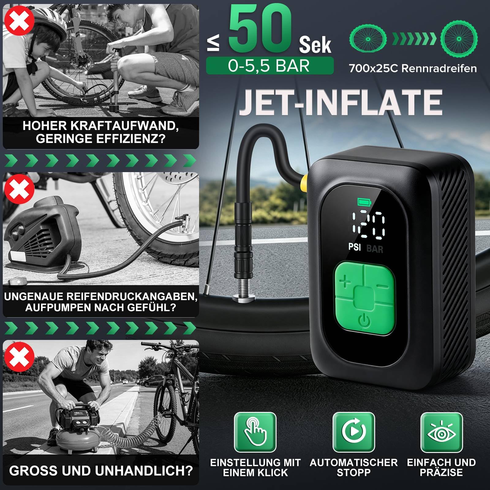 moveland Ebike Akku Tasche Feuerfest+ Mini Fahrradpumpe Elektrisch | Auto-Stopp Elektrische Luftpumpe Fahrrad mit Presta/Schrader Ventilen, Digitalem Manometer für E-Bike, MTB, Stadtrad, Rennrad