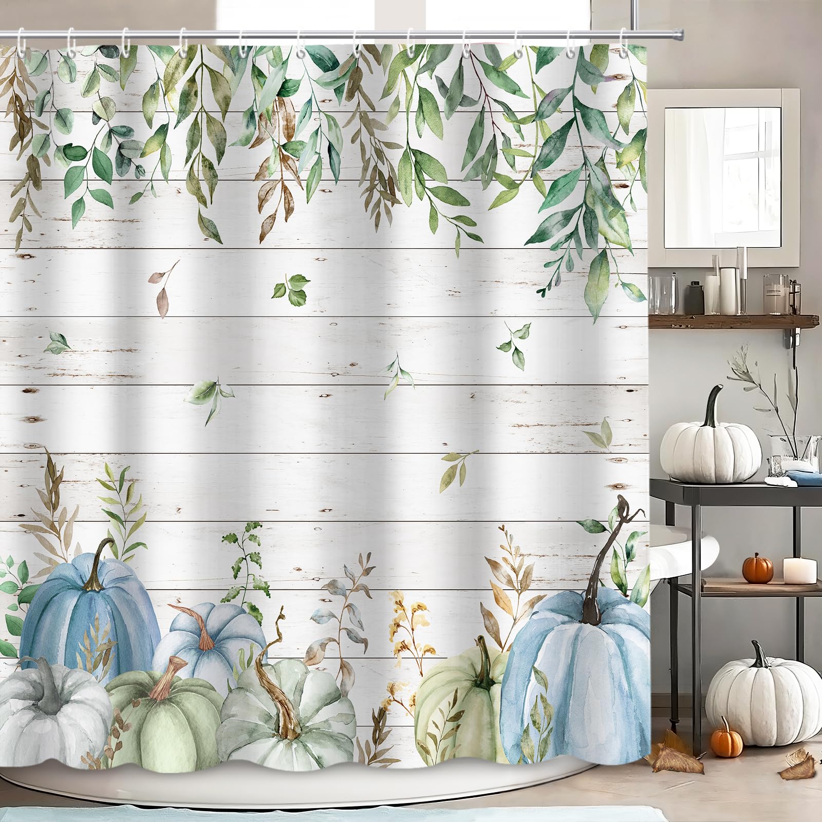 MEHOFOND Fall Pumpkin Shower Curtain,Autumn Watercolor Blue Green Pumpkin Shower Curtain,Farmhouse Eucalyptus Leaves Rustic Wood Bathroom Decor,