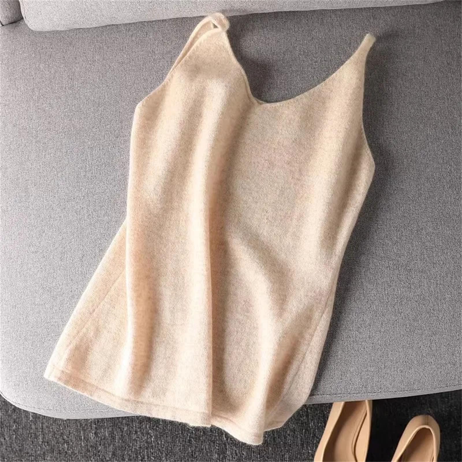 Débardeur tricoté en cachemire et col en V pour femme, sans manches, blanc, taille L