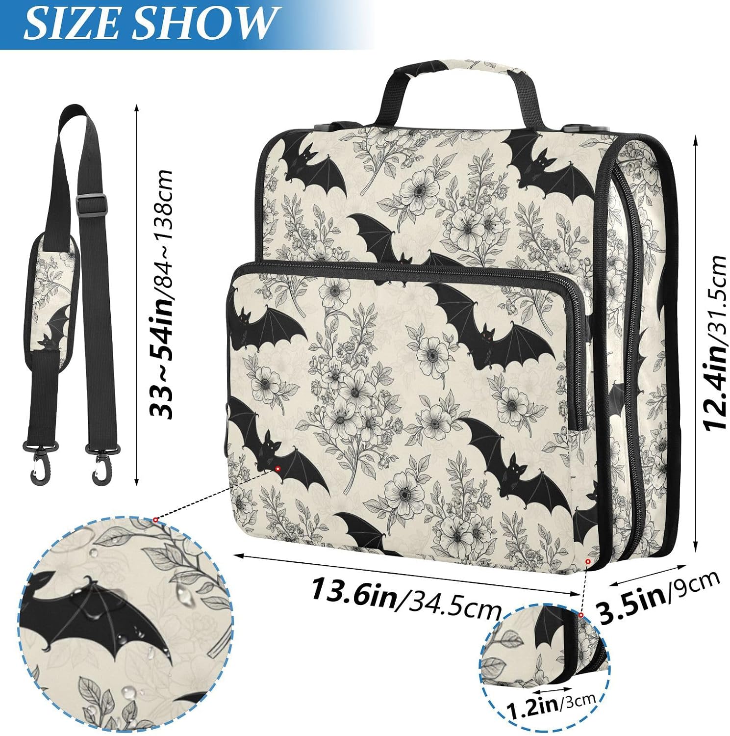 Gredecor 3 D-Ring Zipper Binder 1.5 in Waterproof Gothic Goth Bat Floral Binder with Zipper Shoulder Strap, Multi-Pockets Organizer Bag for School & Office Supplies, Storage 500 Sheets Capacity image 3