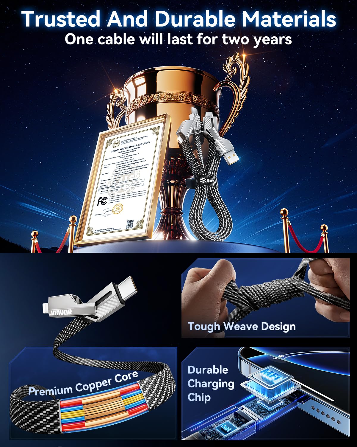 [Uno è sufficiente] 4 in 1 compatibile con cavo USB C a Lightning, ricarica ad alta velocità da 240 W e trasferimento dati veloce, supporto automatico CarPlay e Android Multi cavo di ricarica per
