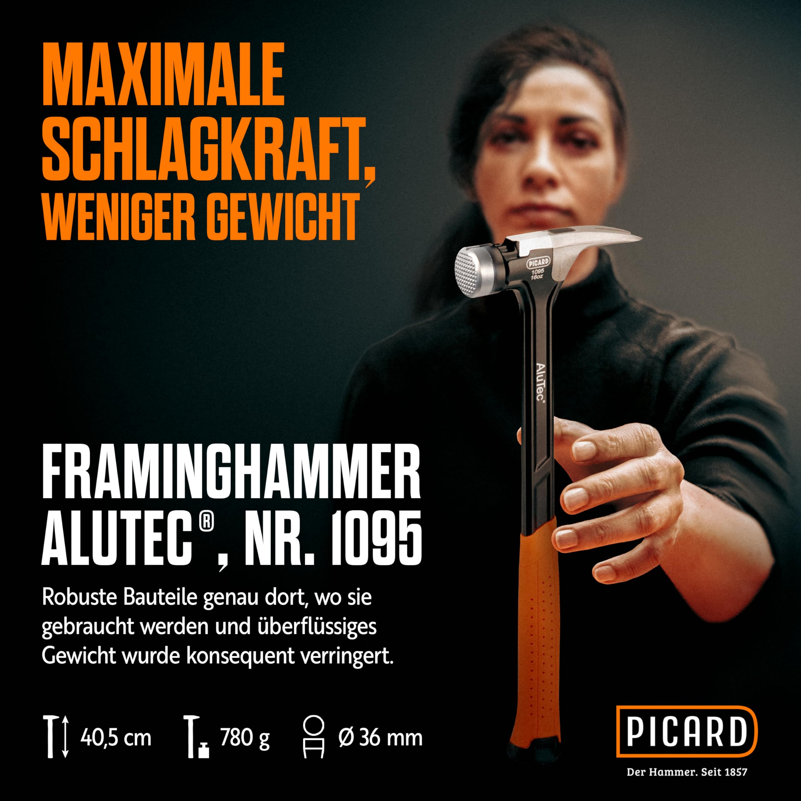 PICARD Framing-Hammer AluTec Nr. 1095 geraut | Aluminium und geschmiedeter Stahl | Ergonomischer 2 Komponenten-Griff | 780g | 405mm Länge | 140mm Breite | Profiwerkzeug für Dachdecker