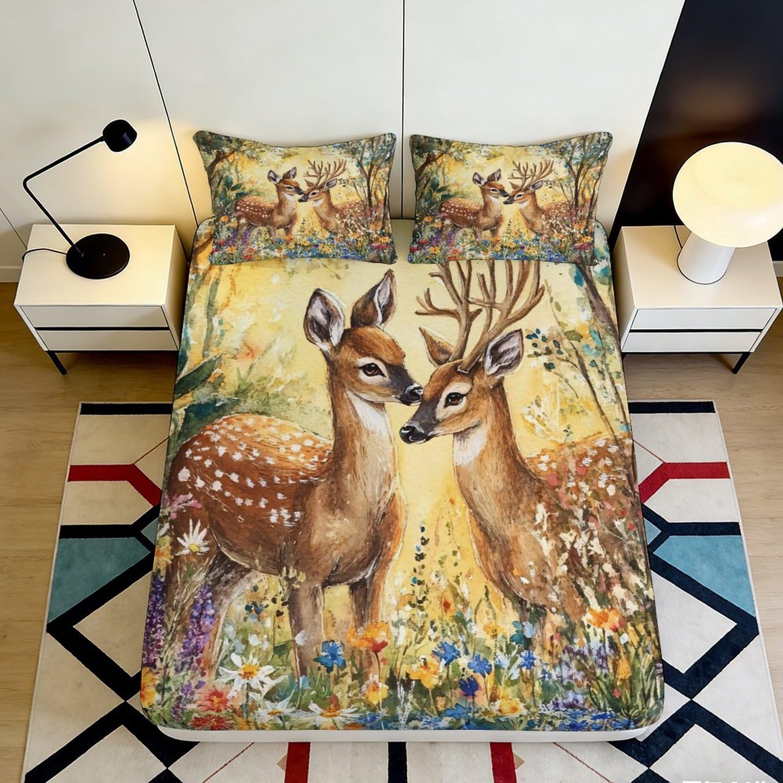 3D Printed Deer Forest Fitted Sheet Microfiber Soft Breathable Woodland Mattress Cover for Bedroom Guest Room Decor 180x200x25cm